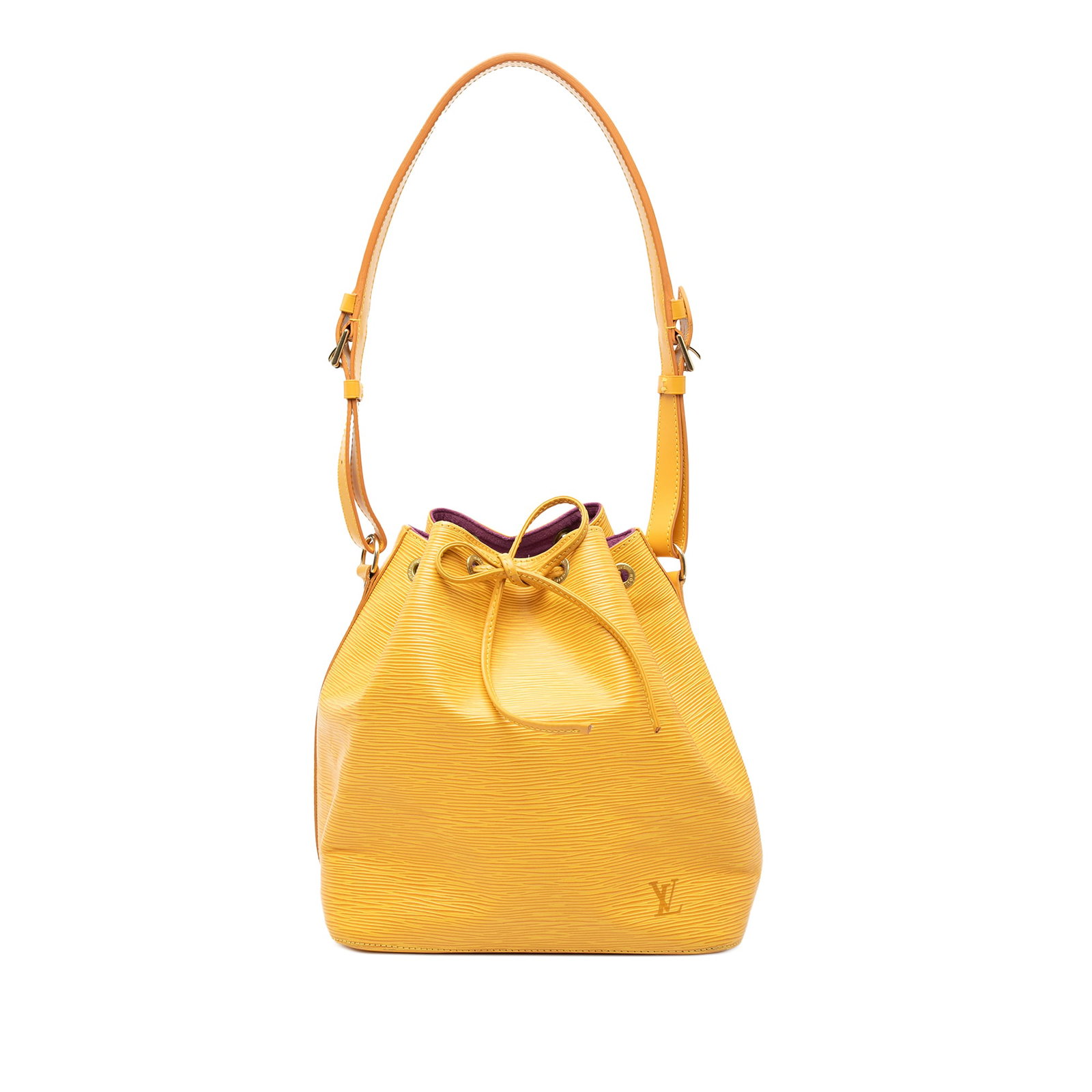 Louis Vuitton Petit Noe yellow epi leather shoulder bag with drawstring: Louis Vuitton Petit Noe yellow epi leather shoulder bag with drawstring This Louis Vuitton Epi Petit Noe bag features a yellow epi leather body, a flat leather shoulder strap, and an open top with a d