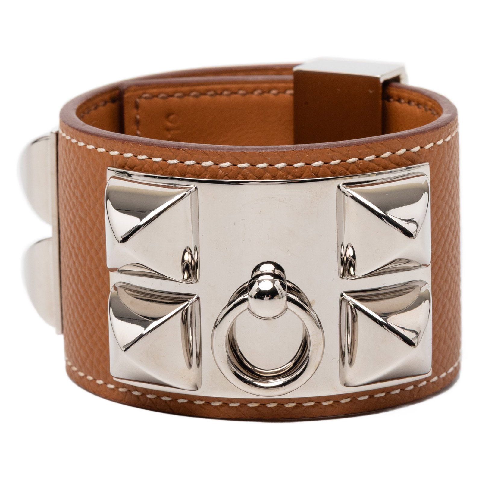 Hermes Collier de Chien Gold Epsom Leather Bracelet Palladium Hardware T1: Hermes Collier de Chien Gold Epsom Leather Bracelet Palladium Hardware T1 This bracelet features a gold-colored Epsom leather body with palladium plated hardware, an adjustable slide tab, and a peg-in