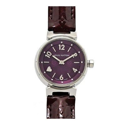 Louis Vuitton Tambour Q121D Quartz Purple Diamond Dial Ladies Watch: Louis Vuitton Tambour Q121D Quartz Purple Diamond Dial Ladies Watch This pre-owned Louis Vuitton Tambour Q121D women's watch features a stainless steel case and a purple diamond-accented dial. The wat