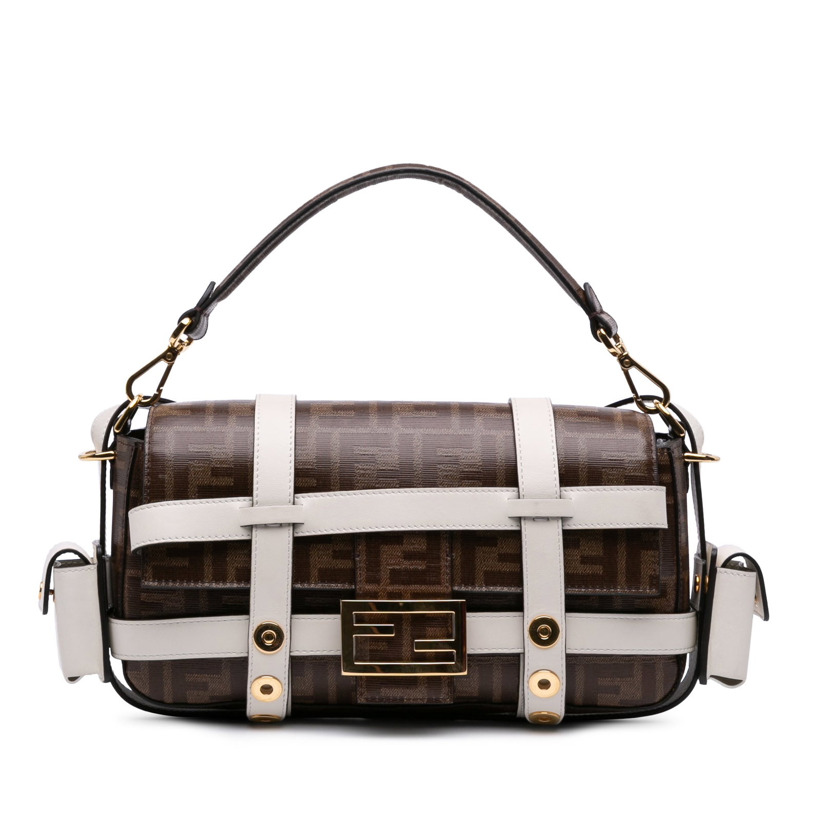 Fendi Zucca Cage Baguette Brown Glazed Fabric Satchel with Leather Trim: Fendi Zucca Cage Baguette Brown Glazed Fabric Satchel with Leather Trim The Fendi Zucca Glazed Fabric Cage Baguette Satchel features a coated canvas body with leather trim, a removable flat coated can