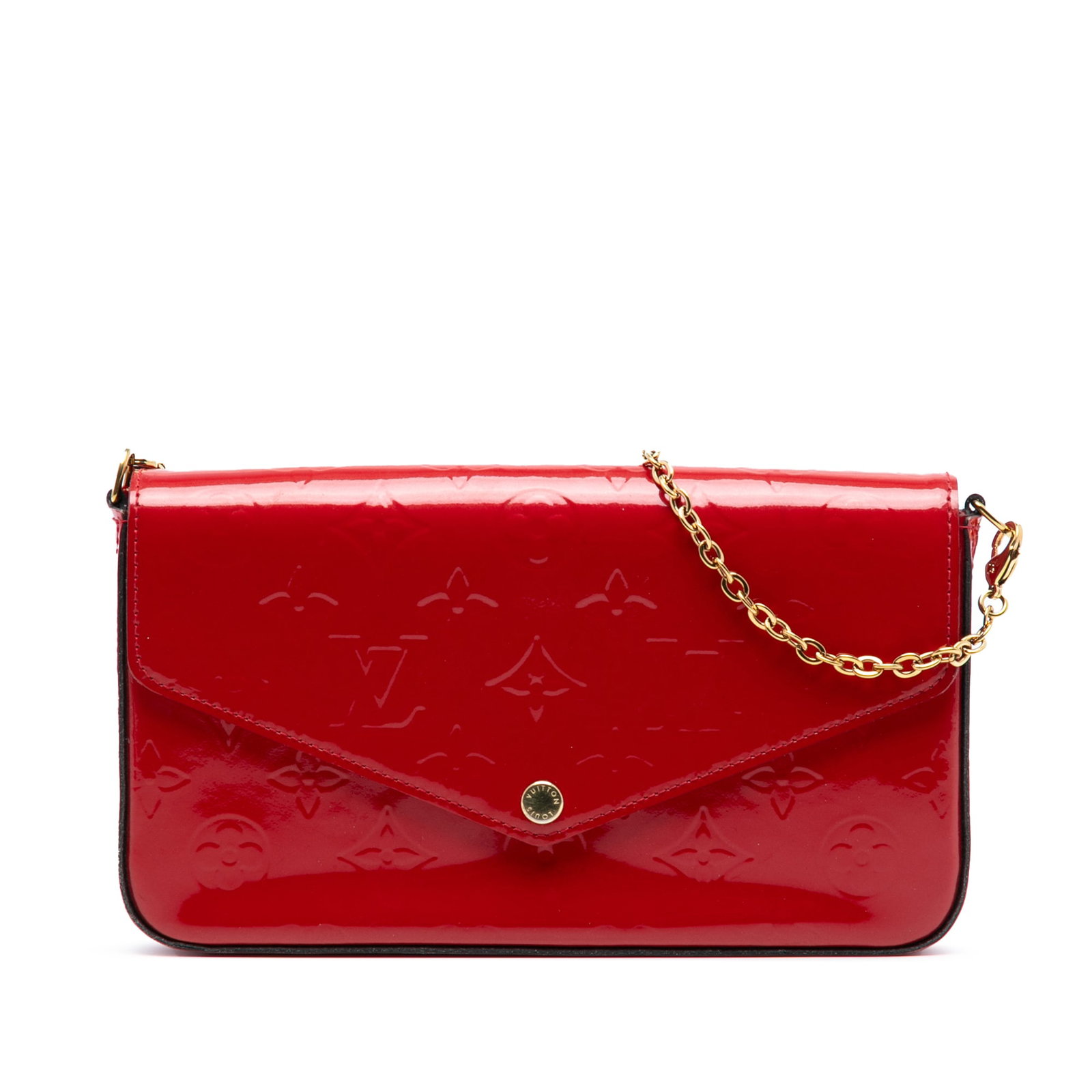 Red Vernis Leather Pochette Felicie Bag with Gold Chain by Louis Vuitton: Red Vernis Leather Pochette Felicie Bag with Gold Chain by Louis Vuitton This Louis Vuitton Monogram Vernis Pochette Felicie features a monogram vernis leather body in red, a detachable gold-tone chai