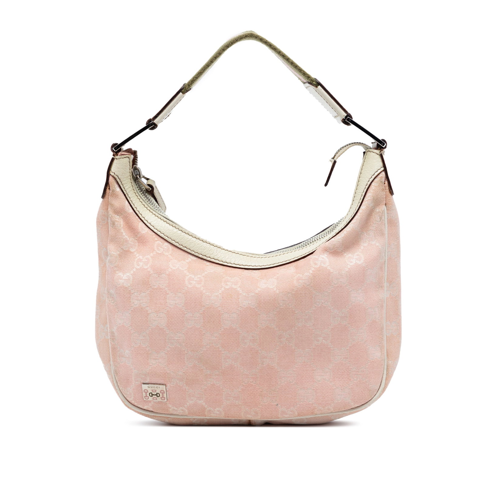 Pink Canvas Shoulder Bag with Web Strap by Gucci: Pink Canvas Shoulder Bag with Web Strap by Gucci This Gucci Small GG Canvas Web Pop Shoulder Bag features a pink canvas body with leather trim, a flat web strap, a top zip closure, and an interior zip