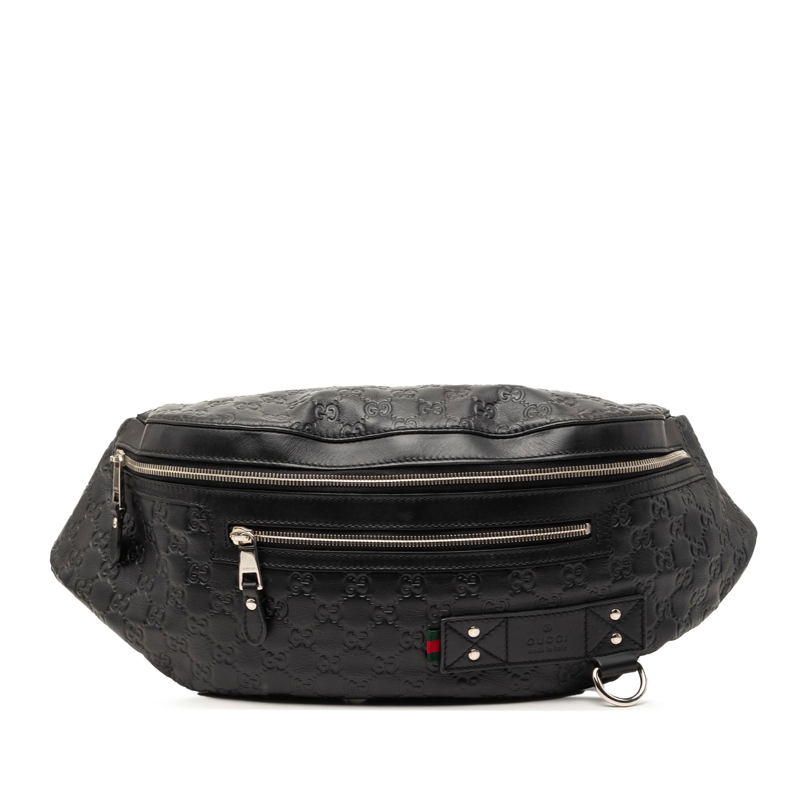Gucci Guccissima Black Leather Web Waist Bag with Front Zip Pocket: Gucci Guccissima Black Leather Web Waist Bag with Front Zip Pocket This Guccissima Web Belt Bag features an embossed leather body in black, a flat waist strap with buckle closure, a front zip closure,