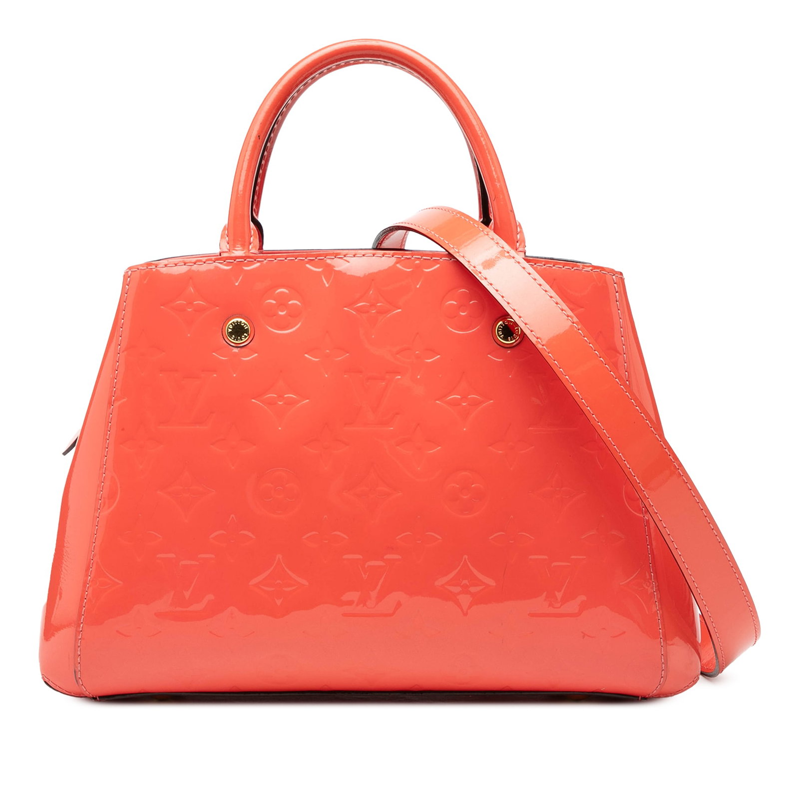 Louis Vuitton Orange Monogram Vernis Montaigne BB Leather Satchel with Strap: Louis Vuitton Orange Monogram Vernis Montaigne BB Leather Satchel with Strap This Louis Vuitton Monogram Vernis Montaigne BB features a monogram vernis leather body in orange, rolled handles, a detach