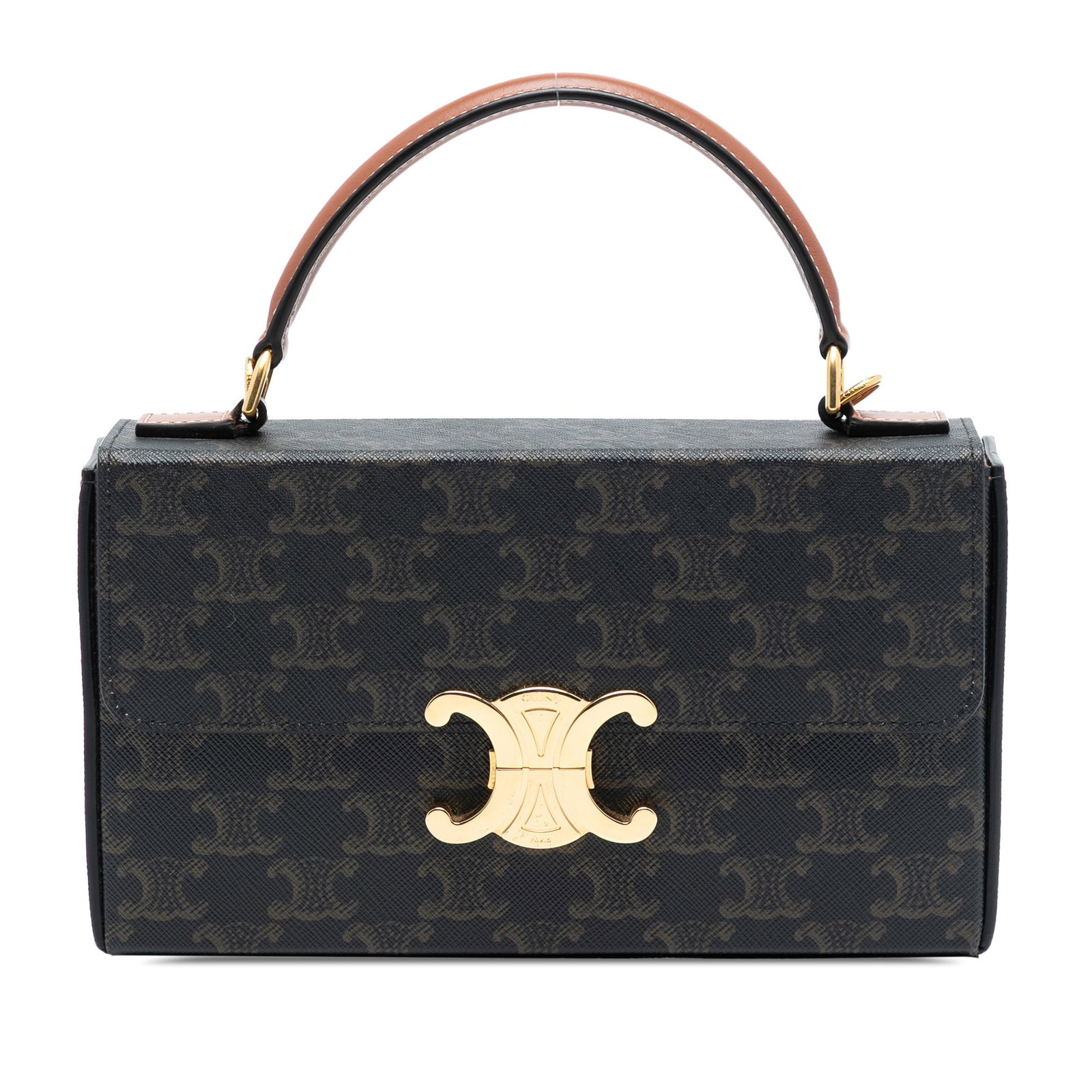 Celine Triomphe Brown Coated Canvas Satchel with Leather Handle and Strap: Celine Triomphe Brown Coated Canvas Satchel with Leather Handle and Strap The Celine Triomphe Coated Canvas Box Top Handle Bag features a coated canvas body with brown coloring, a flat leather top han