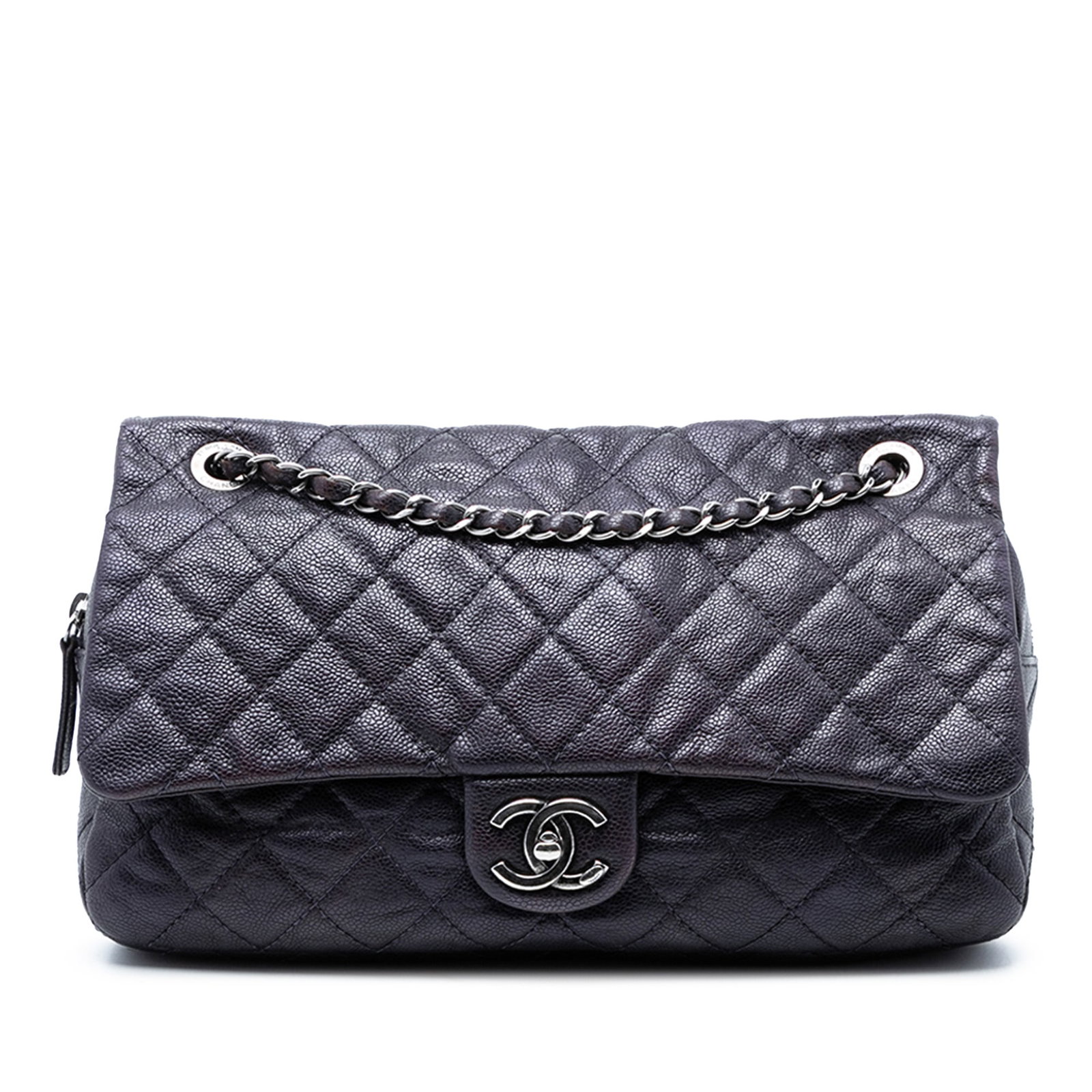 Chanel Easy Flap Jumbo Iridescent Quilted Caviar Leather Shoulder Bag: Chanel Easy Flap Jumbo Iridescent Quilted Caviar Leather Shoulder Bag This Chanel Jumbo Quilted Iridescent Caviar Easy Flap bag showcases a quilted caviar leather exterior in gray with an iridescent f