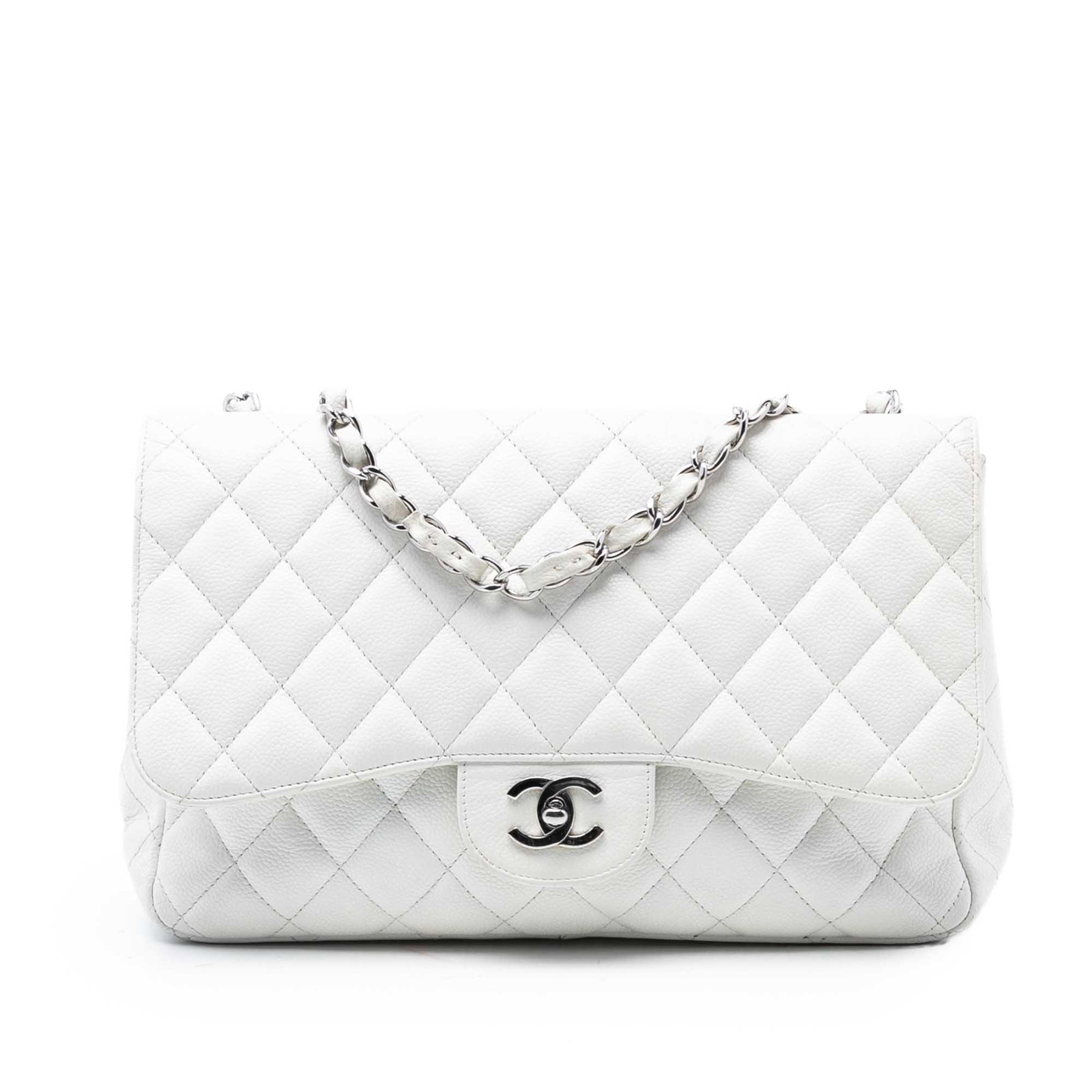 Chanel Jumbo Classic White Quilted Caviar Leather Single Flap Shoulder Bag: Chanel Jumbo Classic White Quilted Caviar Leather Single Flap Shoulder Bag This Chanel Jumbo Classic Caviar Single Flap shoulder bag showcases a white quilted caviar leather exterior with a back slip 