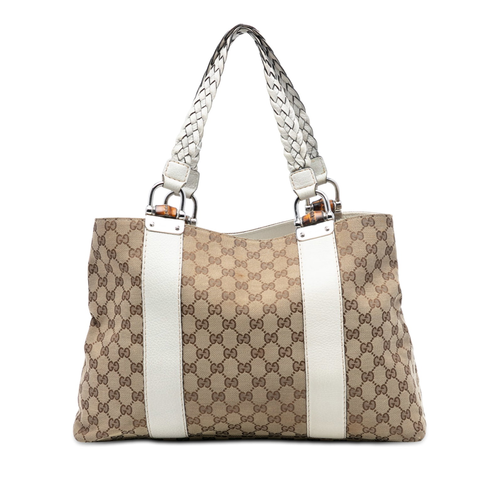 Gucci Bamboo Libeccio Medium Tote GG Canvas with Leather Trim: Gucci Bamboo Libeccio Medium Tote GG Canvas with Leather Trim This Gucci Medium GG Canvas Bamboo Libeccio Tote features a beige canvas body with leather trim, flat braided straps, an open top, and bot