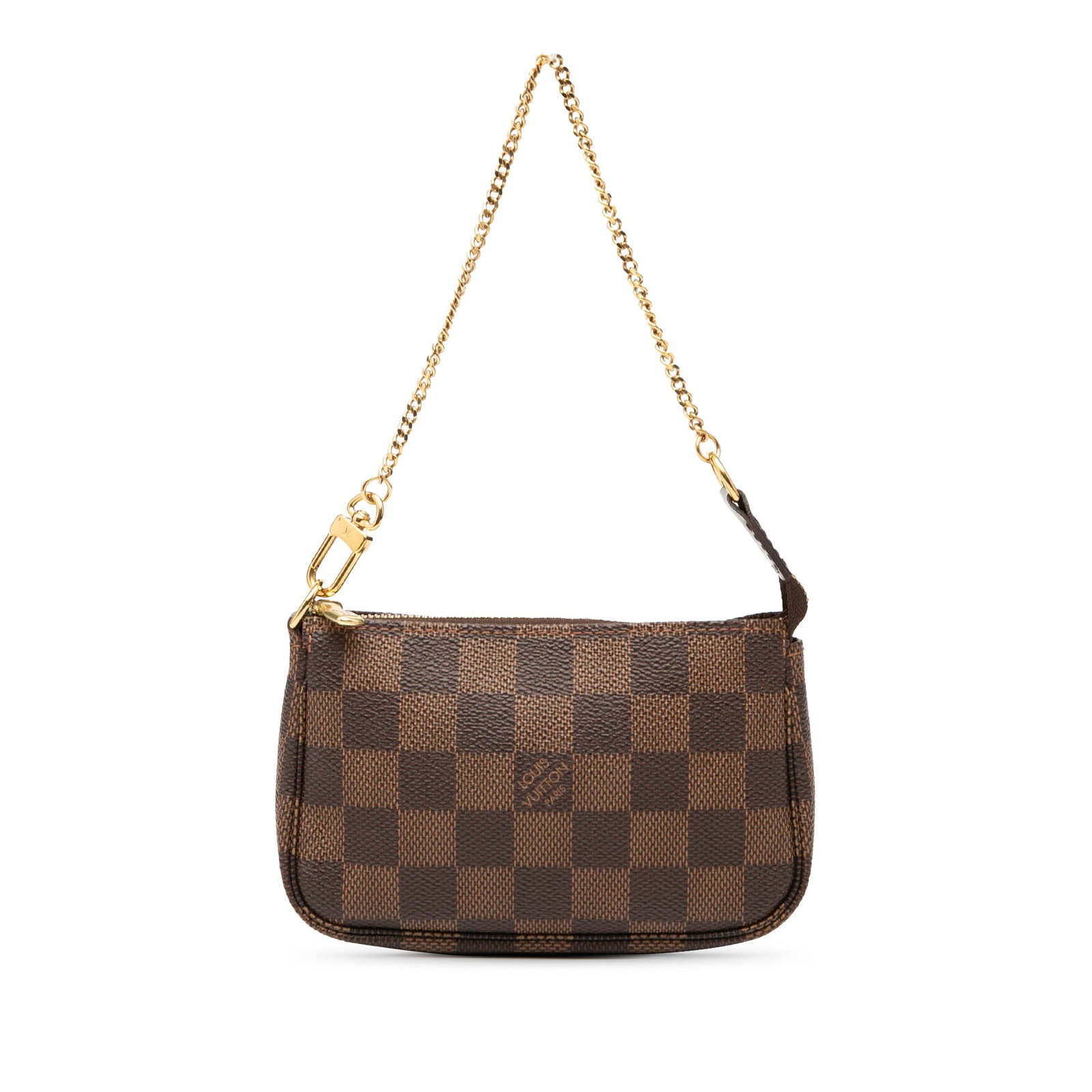 Louis Vuitton Damier Ebene Mini Pochette Accessoires with Gold Chain: Louis Vuitton Damier Ebene Mini Pochette Accessoires with Gold Chain This Louis Vuitton Damier Ebene Mini Pochette Accessoires is a chic and versatile bag, crafted from durable damier canvas. It featu