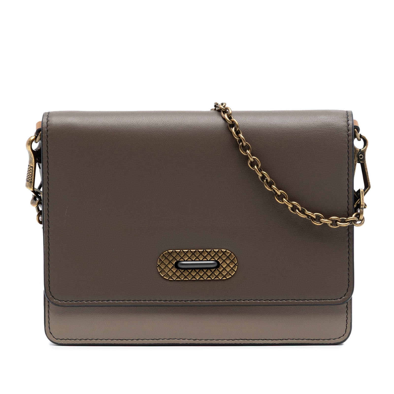Bicolor Leather Chain Wallet Crossbody by Bottega Veneta: Bicolor Leather Chain Wallet Crossbody by Bottega Veneta This Bottega Veneta crossbody bag features a bicolor leather body with a chain link strap and a front flap with magnetic closure. The interior 