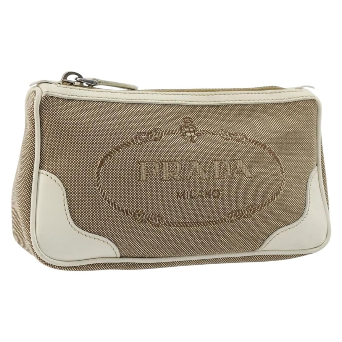 Prada beige silver canvas pouch Italy 7.9 x 3.9 x 1.6 inch: Prada beige silver canvas pouch Italy 7.9 x 3.9 x 1.6 inch This PRADA pouch features a beige and silver canvas exterior, offering a stylish and versatile accessory for daily use. Made in Italy, it is 