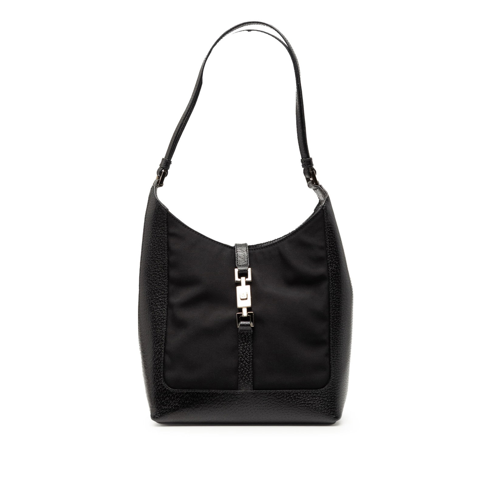 Gucci Jackie Black Canvas Shoulder Bag with Leather Trim: Gucci Jackie Black Canvas Shoulder Bag with Leather Trim This Gucci Canvas Jackie Shoulder Bag features a black canvas body with leather trim, a flat leather shoulder strap, an open top with a strap a