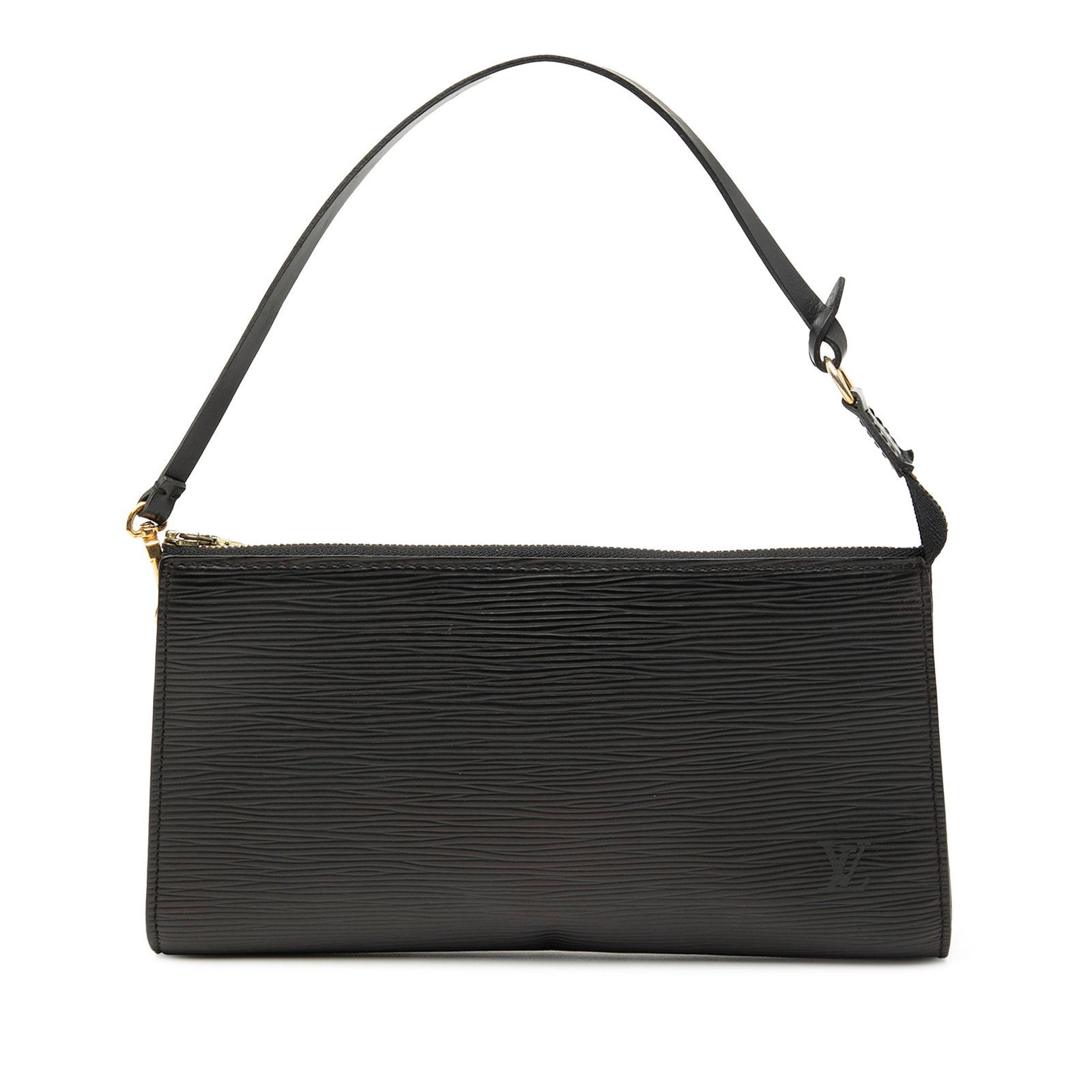 Black Epi Leather Pochette Accessoires Shoulder Bag by Louis Vuitton: Black Epi Leather Pochette Accessoires Shoulder Bag by Louis Vuitton This Louis Vuitton Epi Pochette Accessoires features a black epi leather body, a detachable flat shoulder strap, and a top zip clos