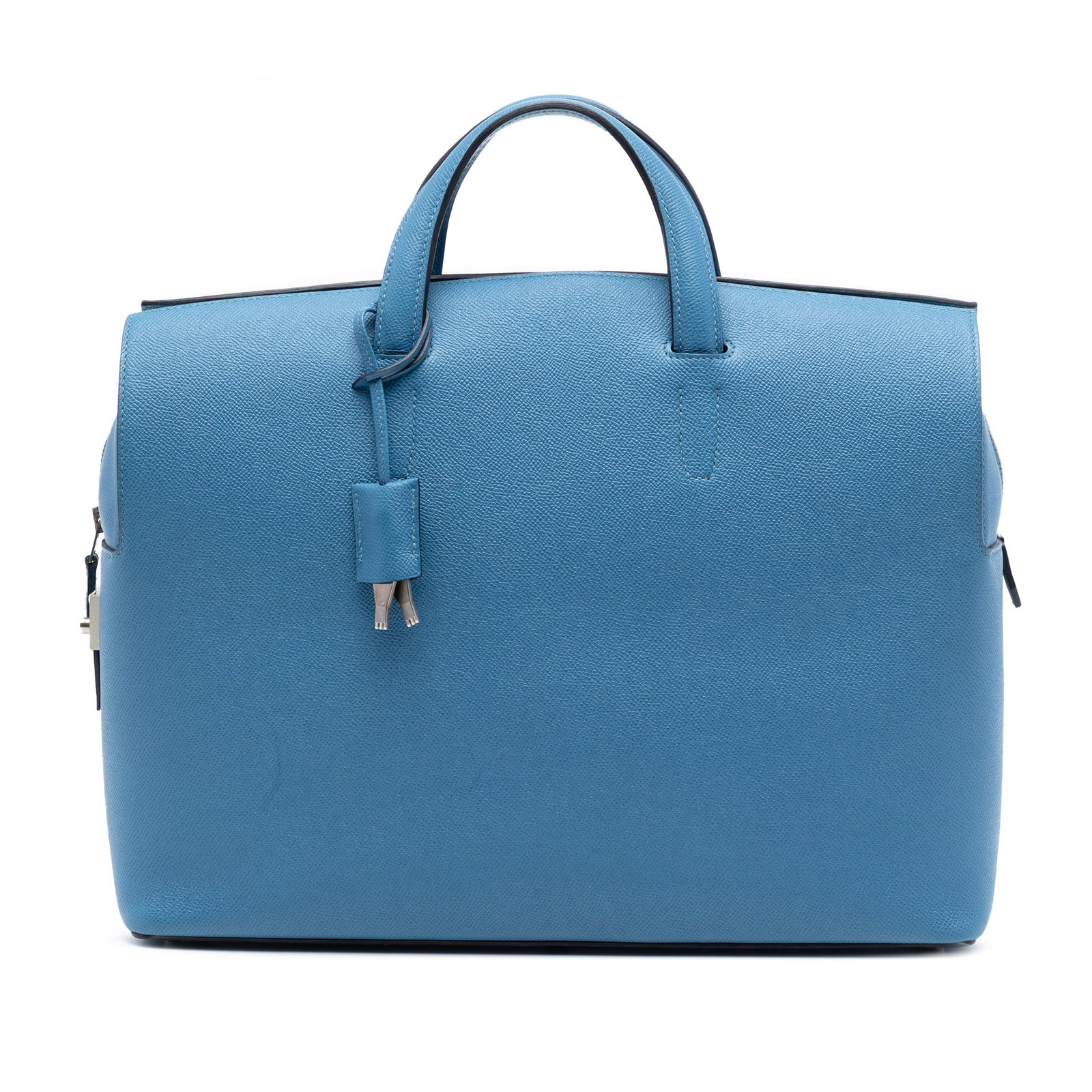 Blue Azur Leather Hermes Epsom Cityhall Briefcase 38 with Clochette: Blue Azur Leather Hermes Epsom Cityhall Briefcase 38 with Clochette This Hermes Epsom Cityhall Briefcase 38 features a Blue Azur leather body with flat leather handles, a top zip closure, side push lo
