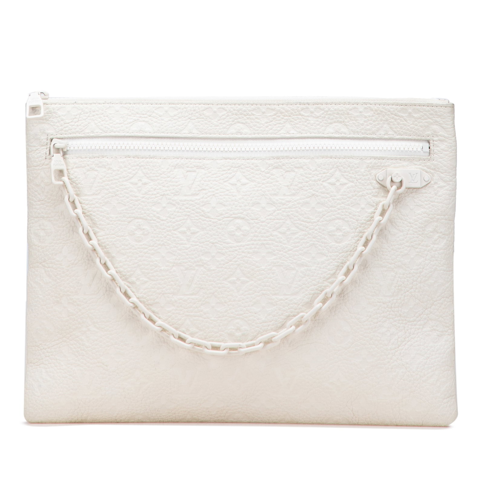 Louis Vuitton Monogram Taurillon A4 Clutch Bag in White Leather: Louis Vuitton Monogram Taurillon A4 Clutch Bag in White Leather The Louis Vuitton Monogram Taurillon A4 Pouch is a chic clutch bag crafted from luxurious monogram taurillon leather. This stylish pouch