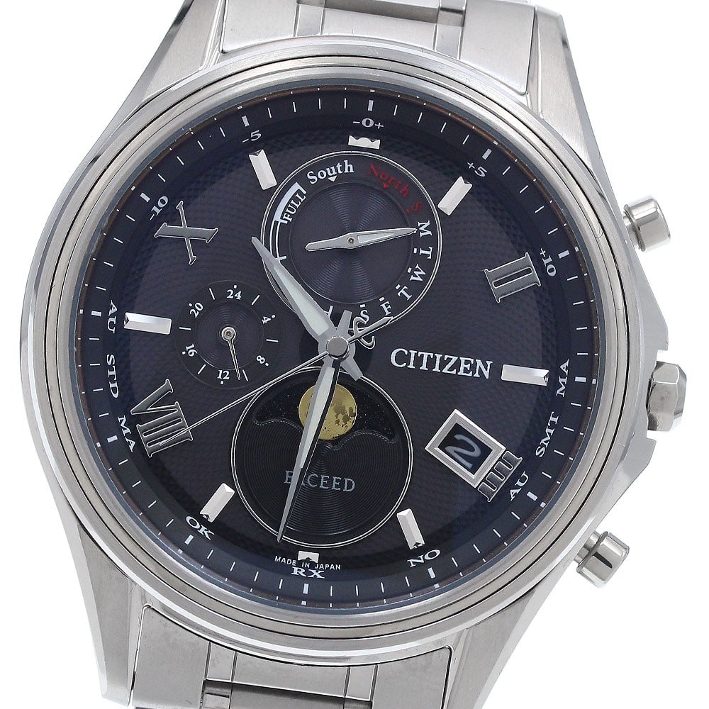 Citizen Exceed titanium moonphase solar radio watch H874-004JJ01: Citizen Exceed titanium moonphase solar radio watch H874-004JJ01 This CITIZEN Exceed Moonphase men's wristwatch features a titanium case and band, offering both durability and a lightweight feel. The 