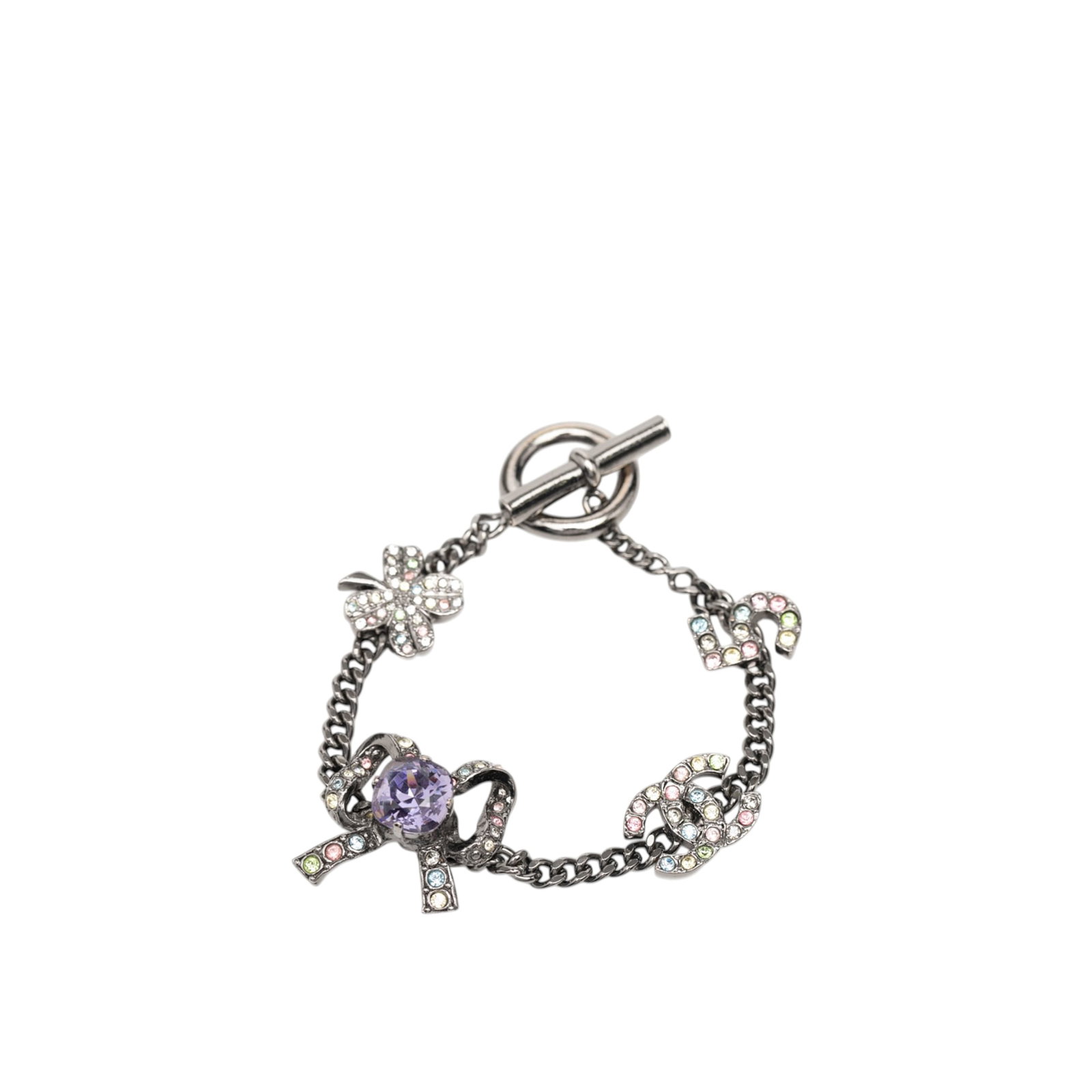 Chanel Crystal CC and No 5 Bow Silver Plated Charm Bracelet (1 of 8)