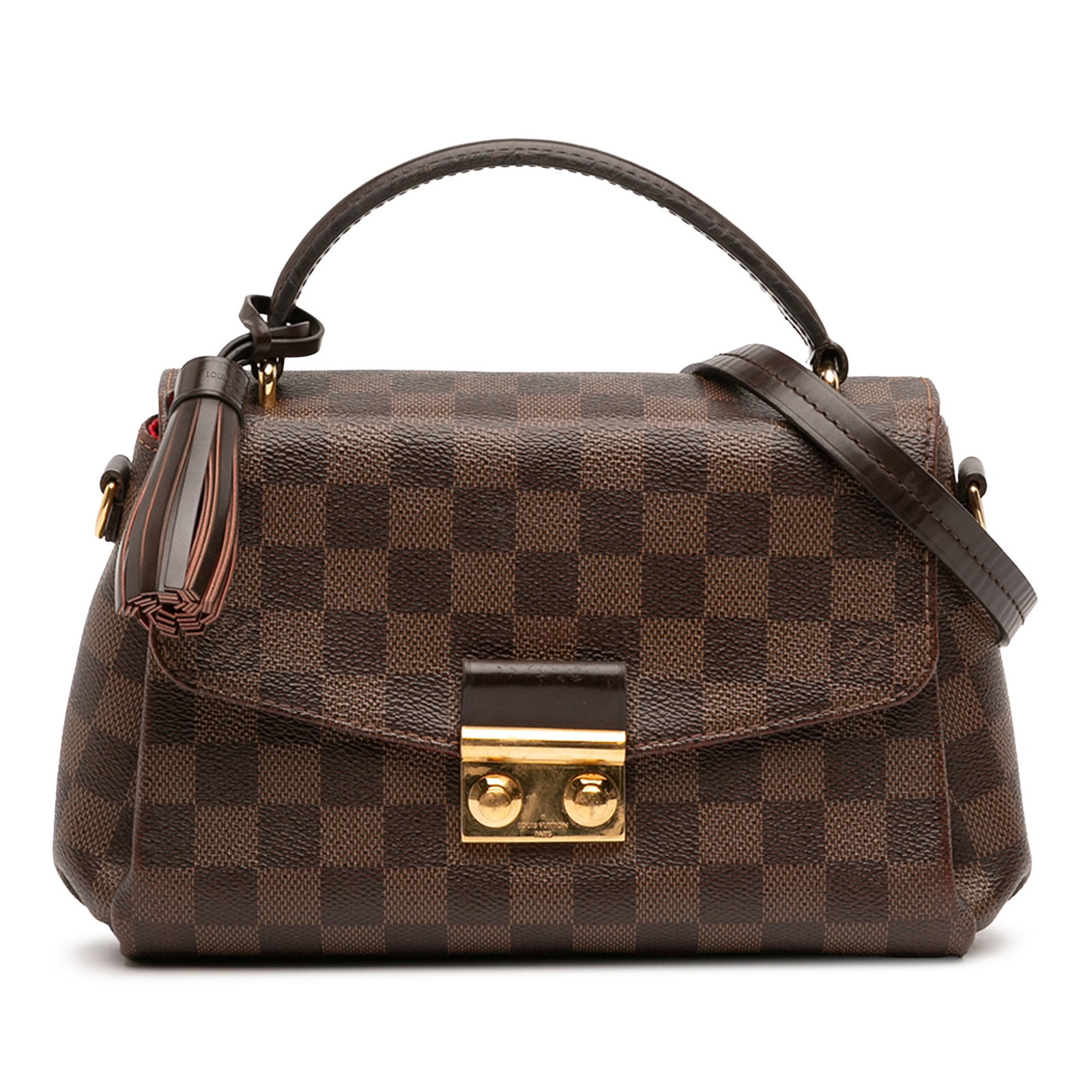 Damier Ebene Croisette Top Handle Bag with Tassel and Strap: Damier Ebene Croisette Top Handle Bag with Tassel and Strap The Louis Vuitton Damier Ebene Croisette bag features a damier canvas body with leather trim, a rolled leather top handle, a detachable flat