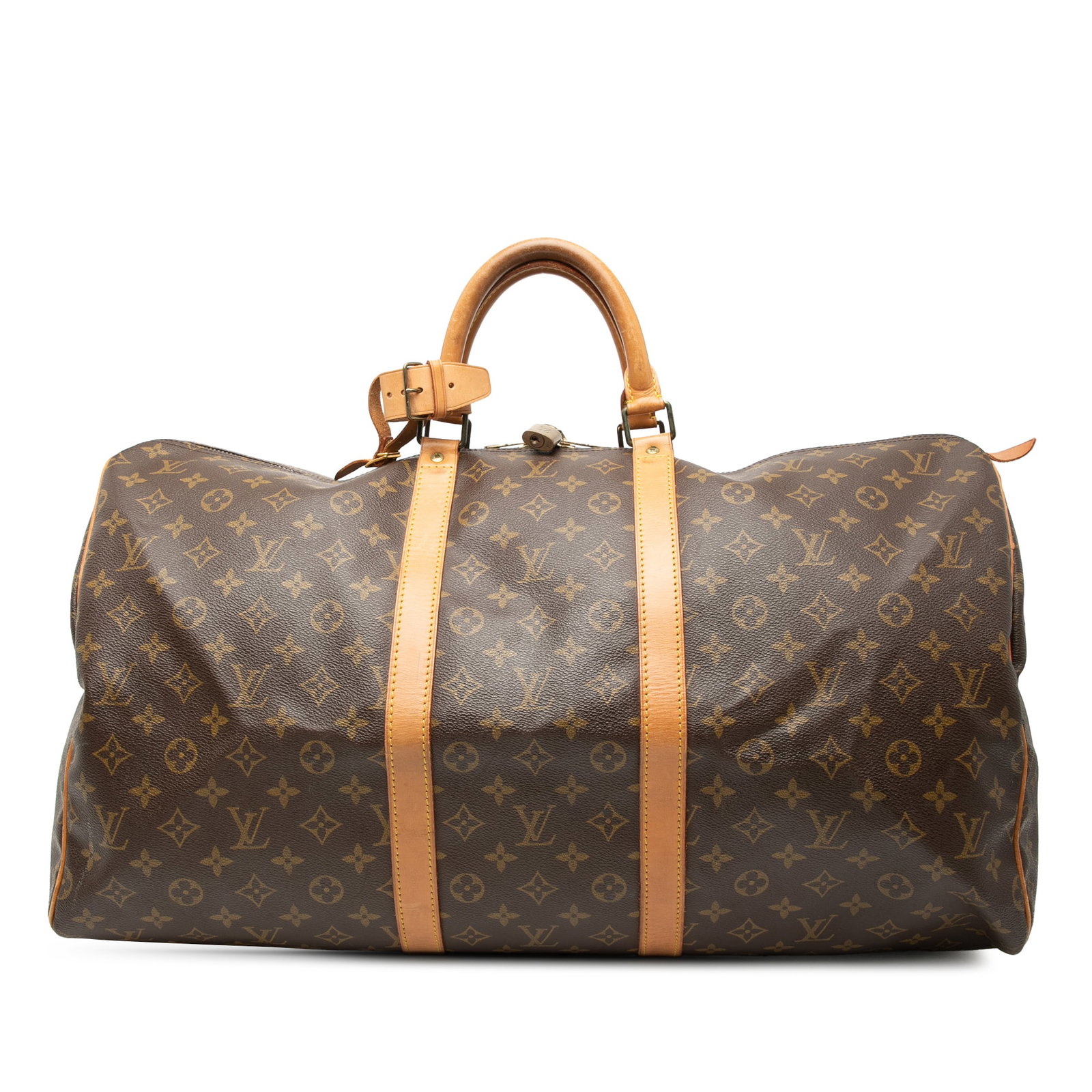 Louis Vuitton Keepall 55 Monogram Canvas Travel Bag with Leather Handles: Louis Vuitton Keepall 55 Monogram Canvas Travel Bag with Leather Handles The Louis Vuitton Monogram Keepall 55 features a monogram canvas exterior with rolled leather handles and a top zip closure. Th