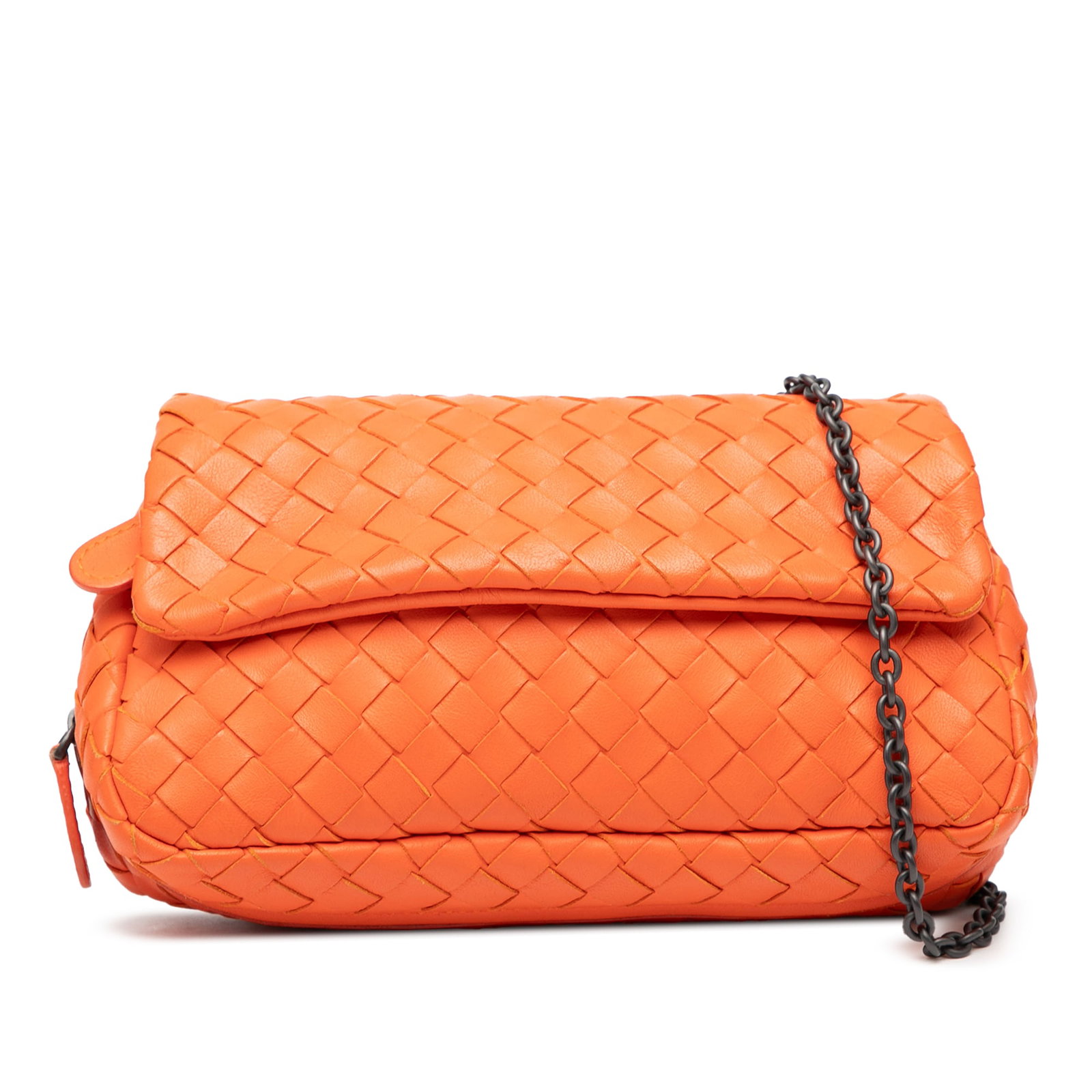 Mini Intrecciato Leather Chain Flap Bag by Bottega Veneta: Mini Intrecciato Leather Chain Flap Bag by Bottega Veneta This mini crossbody bag features Bottega Veneta's signature woven leather design with a chain link strap, a flap secured by a snap closure, an
