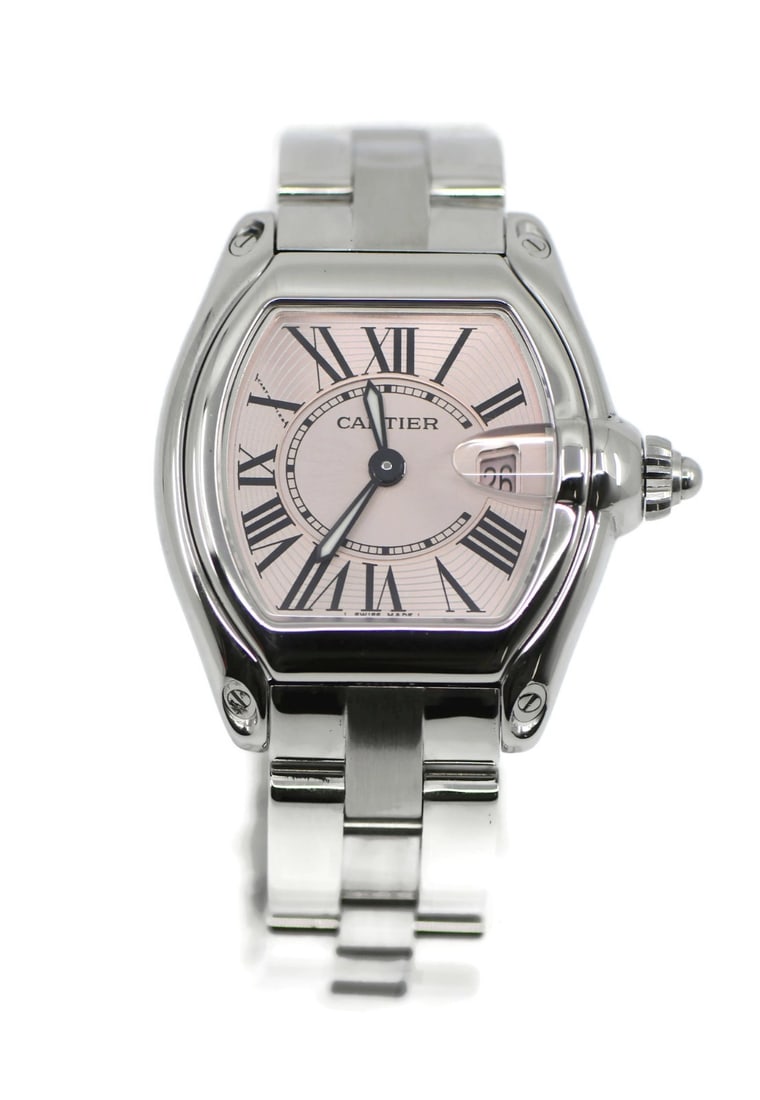 Cartier Roadster Pink Dial Quartz Wristwatch W62017V3 with Box: Cartier Roadster Pink Dial Quartz Wristwatch W62017V3 with Box This is a pre-owned Cartier Roadster wristwatch, reference W62017V3, featuring a stainless steel case and a pink dial. Powered by a quart