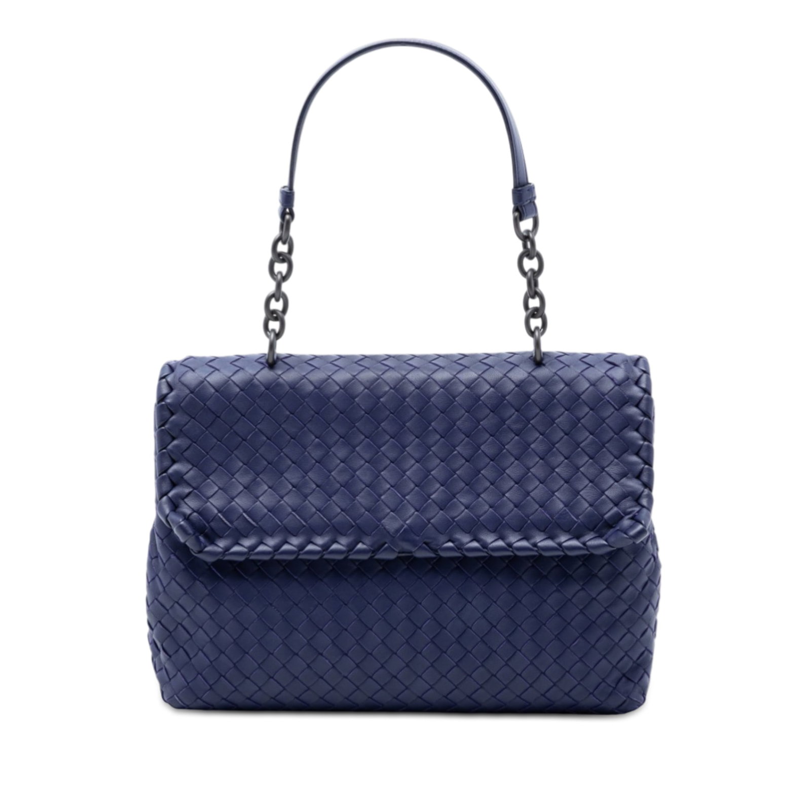 Bottega Veneta Olimpia Blue Leather Woven Medium Shoulder Bag: Bottega Veneta Olimpia Blue Leather Woven Medium Shoulder Bag This Bottega Veneta Medium Nappa Intrecciato Olimpia Shoulder Bag features a woven leather body in blue, complemented by a chain link and 