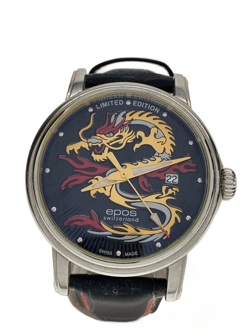 Epos Dragon Limited 3390C Swiss Men's Wristwatch Black Leather: Epos Dragon Limited 3390C Swiss Men's Wristwatch Black Leather This is an epos Emotion Dragon Limited 3390C men's wristwatch, crafted in Switzerland. The watch features a black leather band and a blac