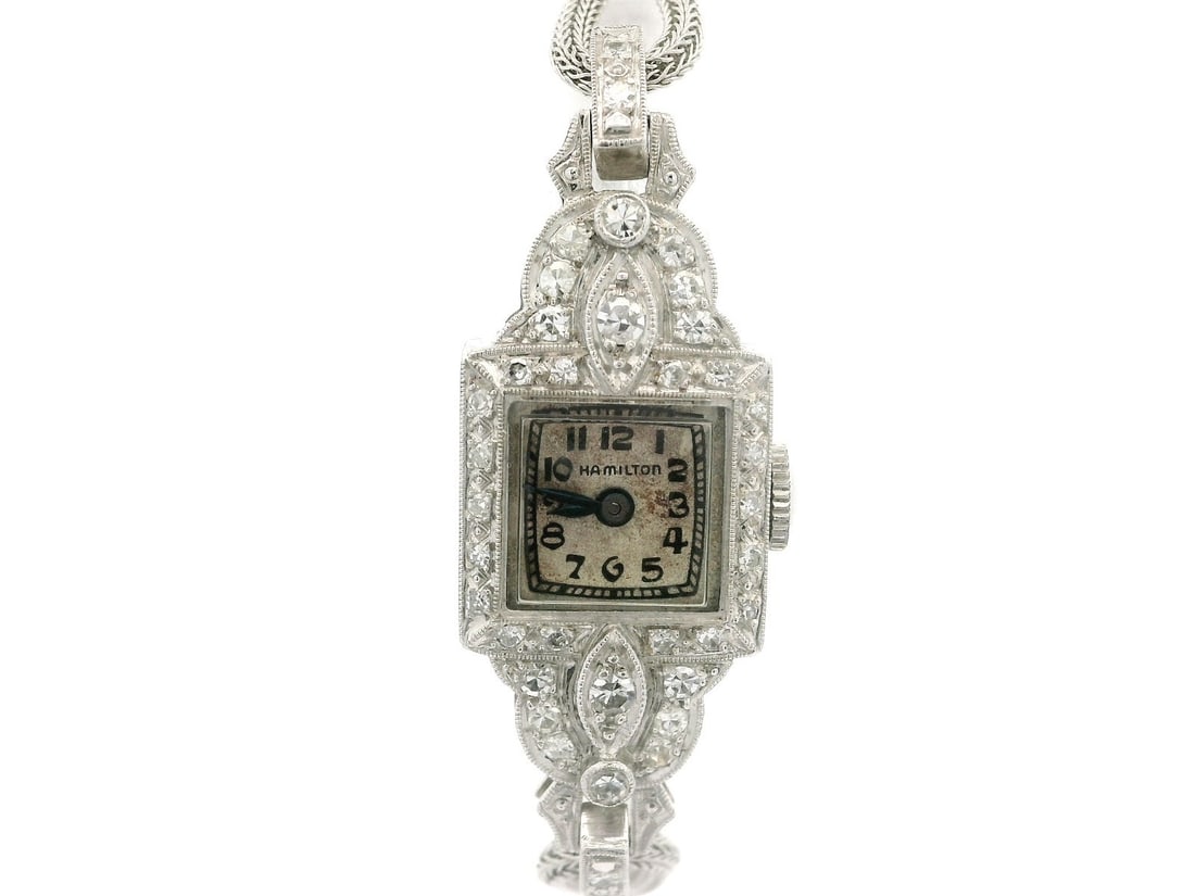 Antique Art Deco Hamilton Platinum Diamond Wristwatch White Gold Bracelet: Antique Art Deco Hamilton Platinum Diamond Wristwatch White Gold Bracelet This exquisite Antique Art Deco Hamilton Wrist Watch exemplifies timeless elegance, featuring a solid platinum case adorned wi