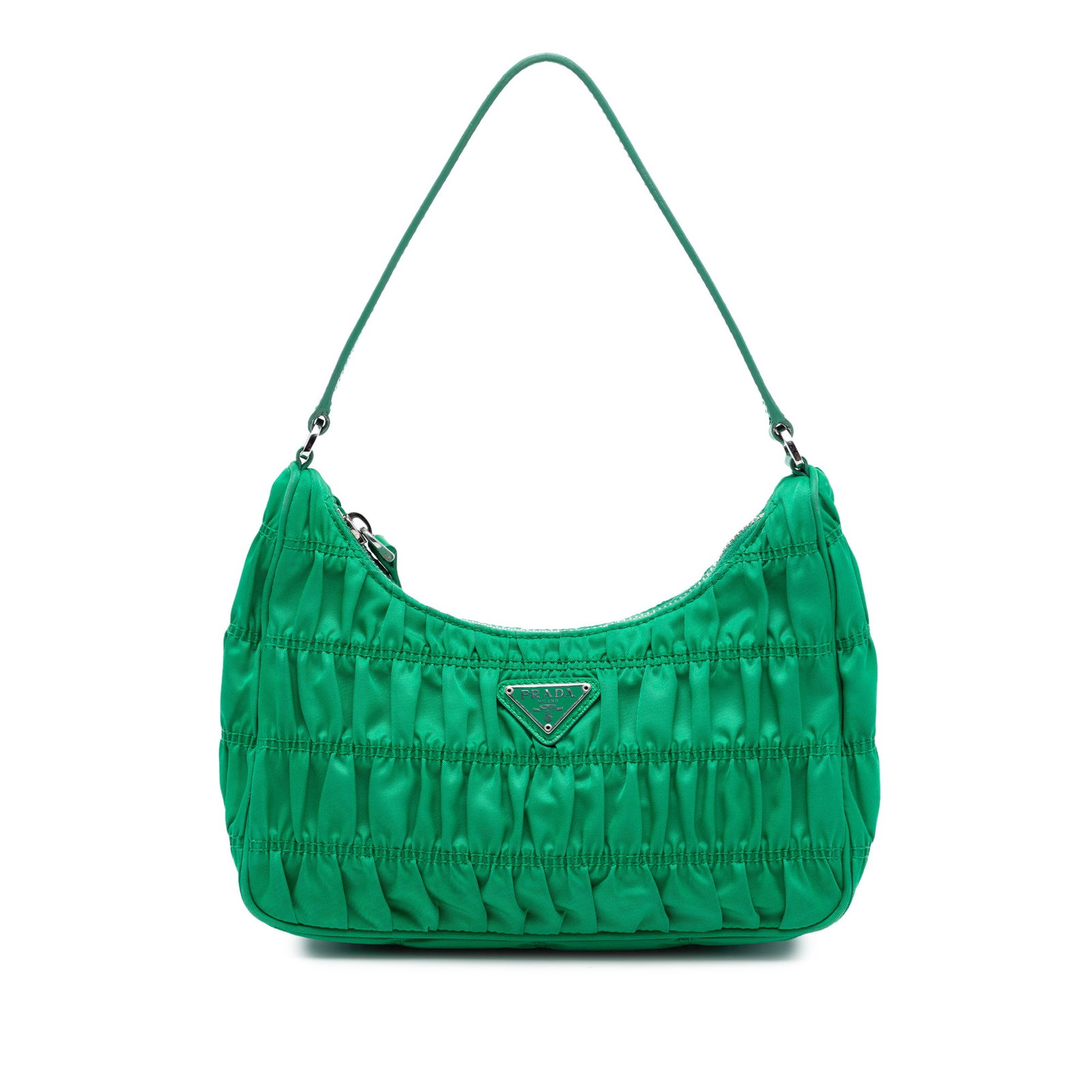 Prada Tessuto Gaufre Re Edition Green Nylon Shoulder Bag: Prada Tessuto Gaufre Re Edition Green Nylon Shoulder Bag This Prada Tessuto Gaufre Re Edition Shoulder Bag features a gathered nylon body in green, complemented by a flat leather strap and a top zip c