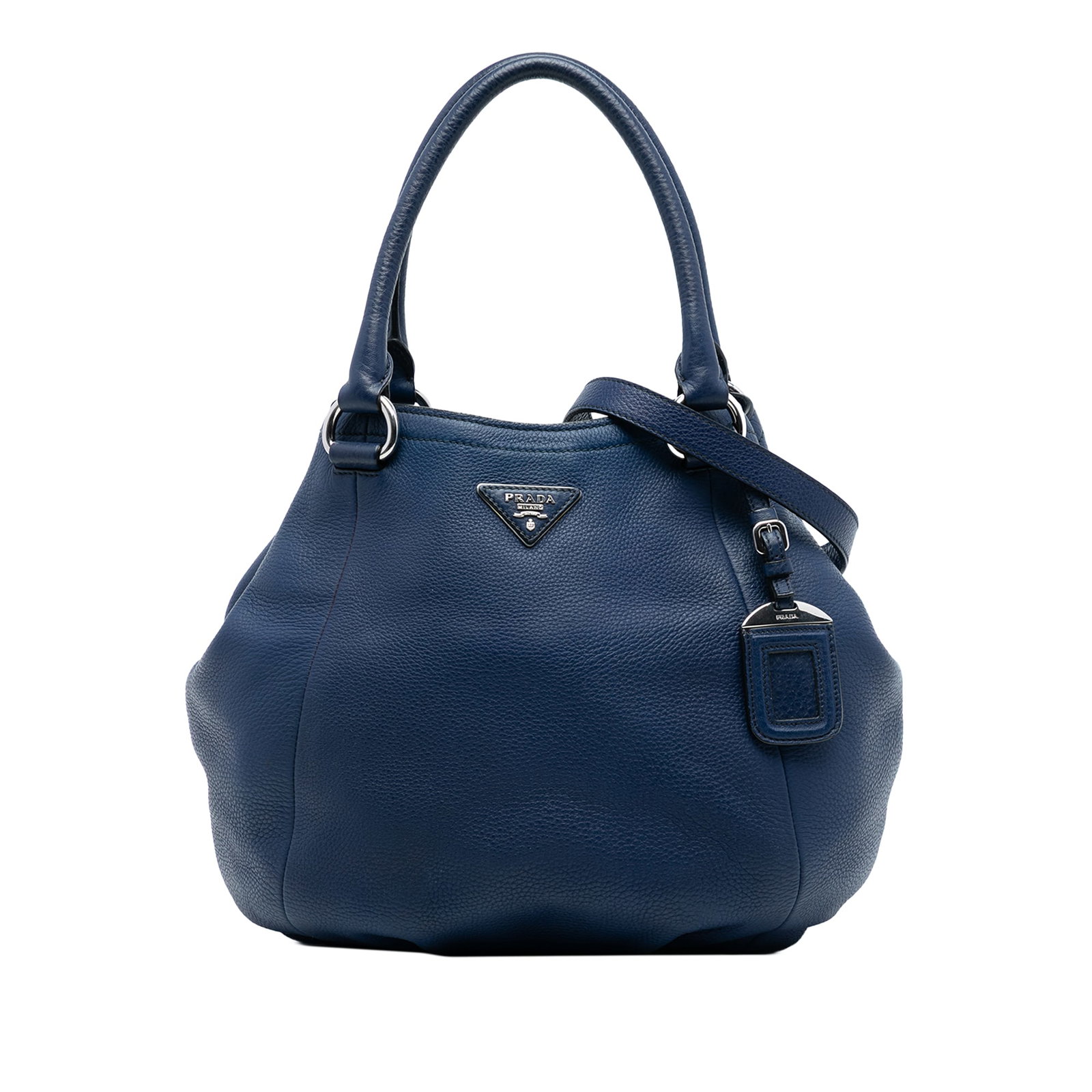 Prada Vitello Daino Blue Leather Convertible Satchel with Detachable Strap: Prada Vitello Daino Blue Leather Convertible Satchel with Detachable Strap This Prada Vitello Daino Open Convertible Tote features a blue leather body with rolled leather handles and a detachable flat