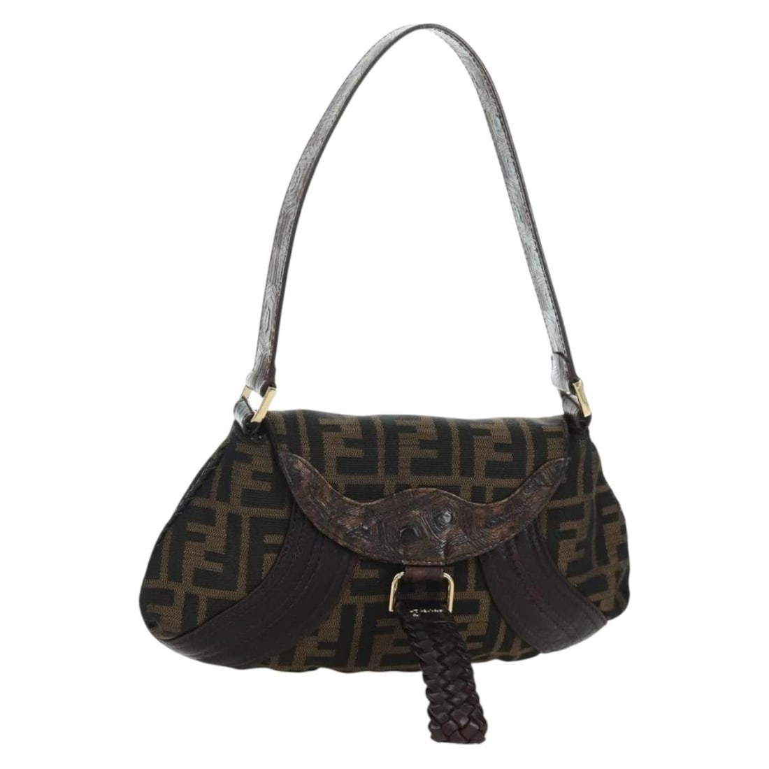 Fendi Spy Handbag in Black Leather and Zucca Canvas with Gold Accents: Fendi Spy Handbag in Black Leather and Zucca Canvas with Gold Accents This FENDI Spy bag features the iconic Zucca canvas and black leather exterior with gold-tone accents. Designed for women, it incl
