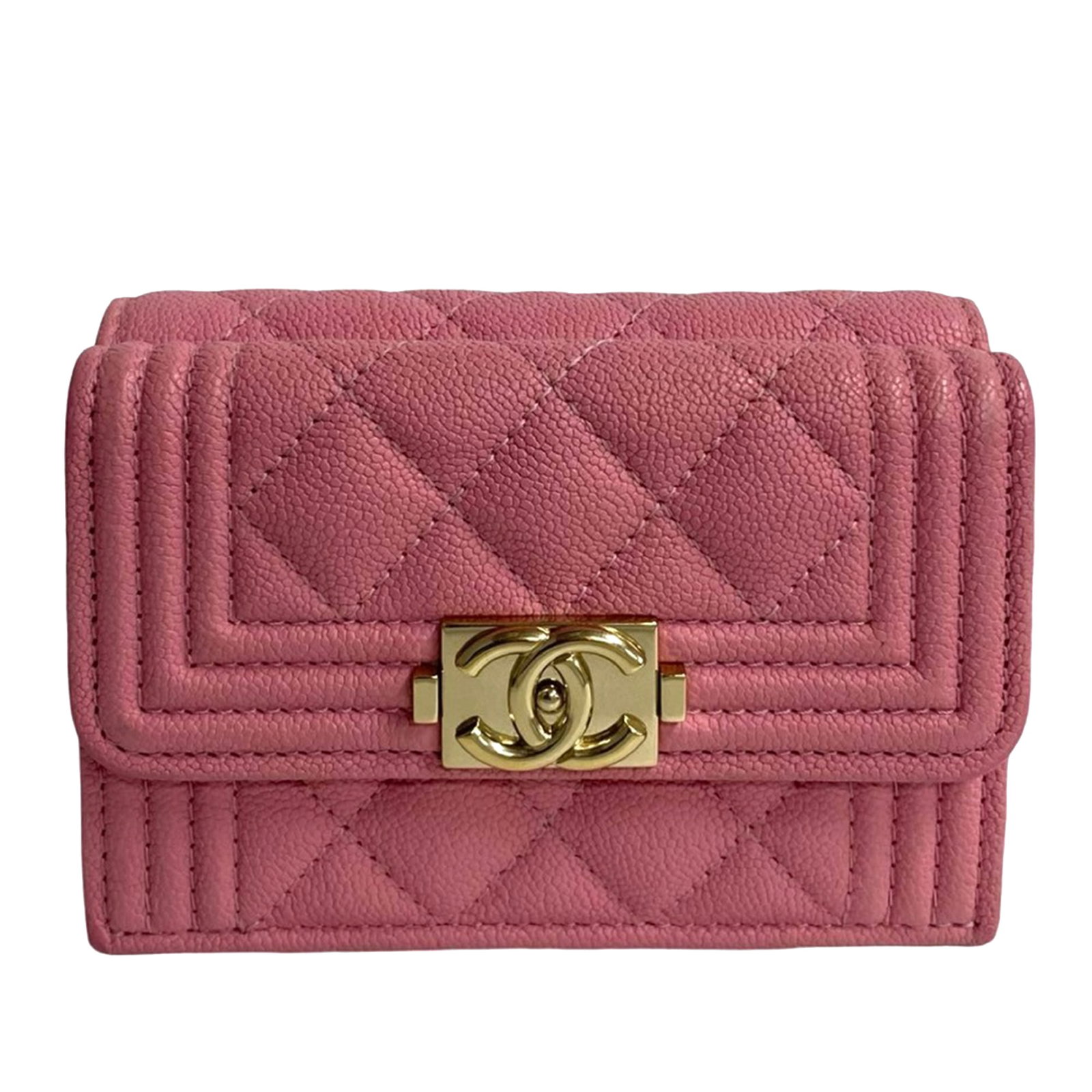 Chanel Boy Flap Pink Quilted Caviar Leather Compact Wallet: Chanel Boy Flap Pink Quilted Caviar Leather Compact Wallet This Chanel Quilted Caviar Boy Flap Compact Wallet is crafted from quilted caviar leather in pink. It features a snap button closure, a front