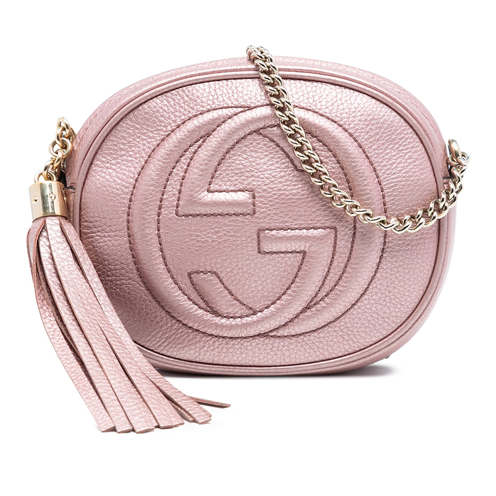 Gucci Soho Mini Metallic Leather Chain Strap Crossbody Bag Pink: Gucci Soho Mini Metallic Leather Chain Strap Crossbody Bag Pink This Gucci Mini Metallic Pebbled Calfskin Soho Chain Crossbody features a metallic leather exterior in pink, a tassel detail, a chain li