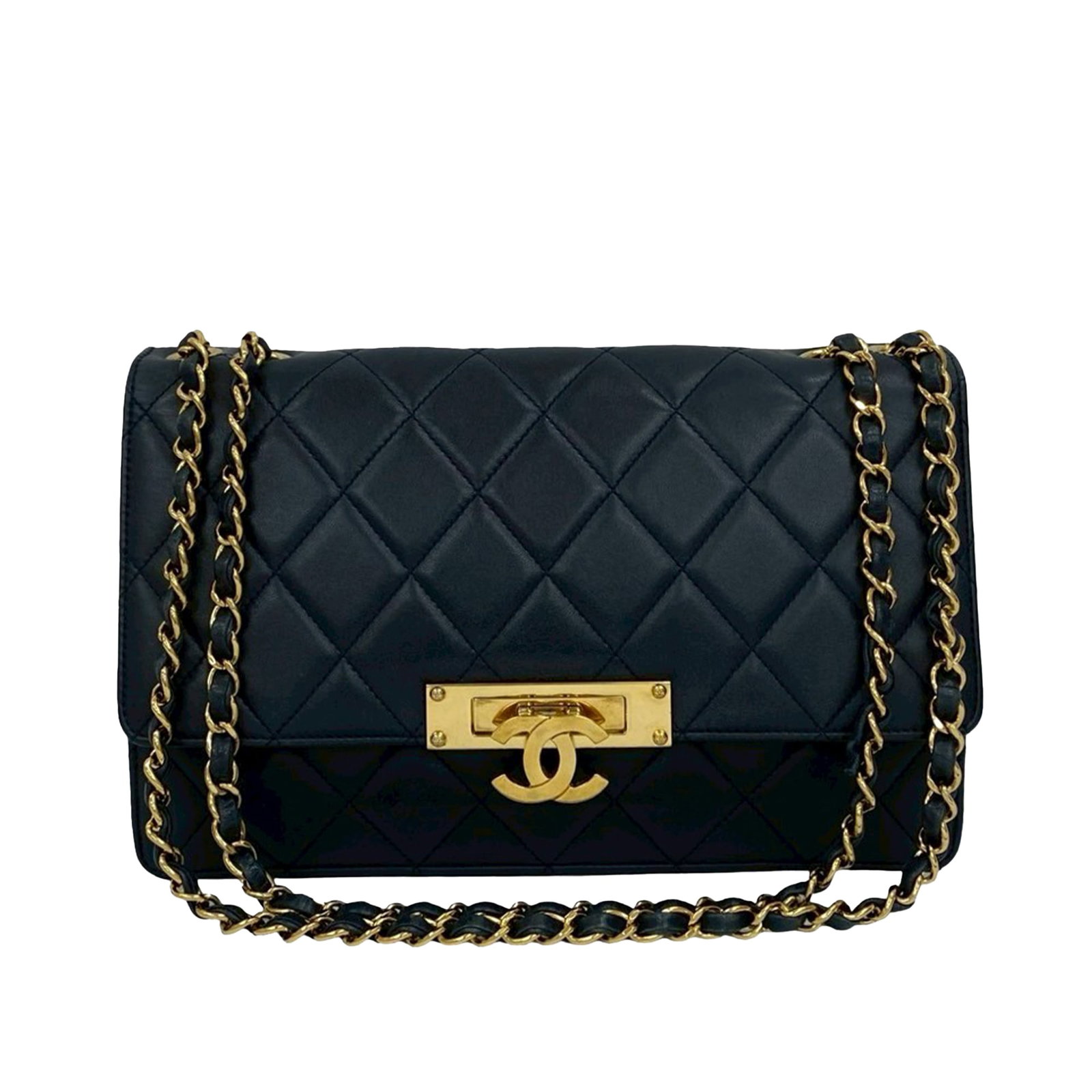 Chanel Golden Class Blue Quilted Lambskin Flap Shoulder Bag: Chanel Golden Class Blue Quilted Lambskin Flap Shoulder Bag This Chanel Golden Class Flap bag features a quilted lambskin leather exterior in blue, complemented by leather-woven chain straps and a fla