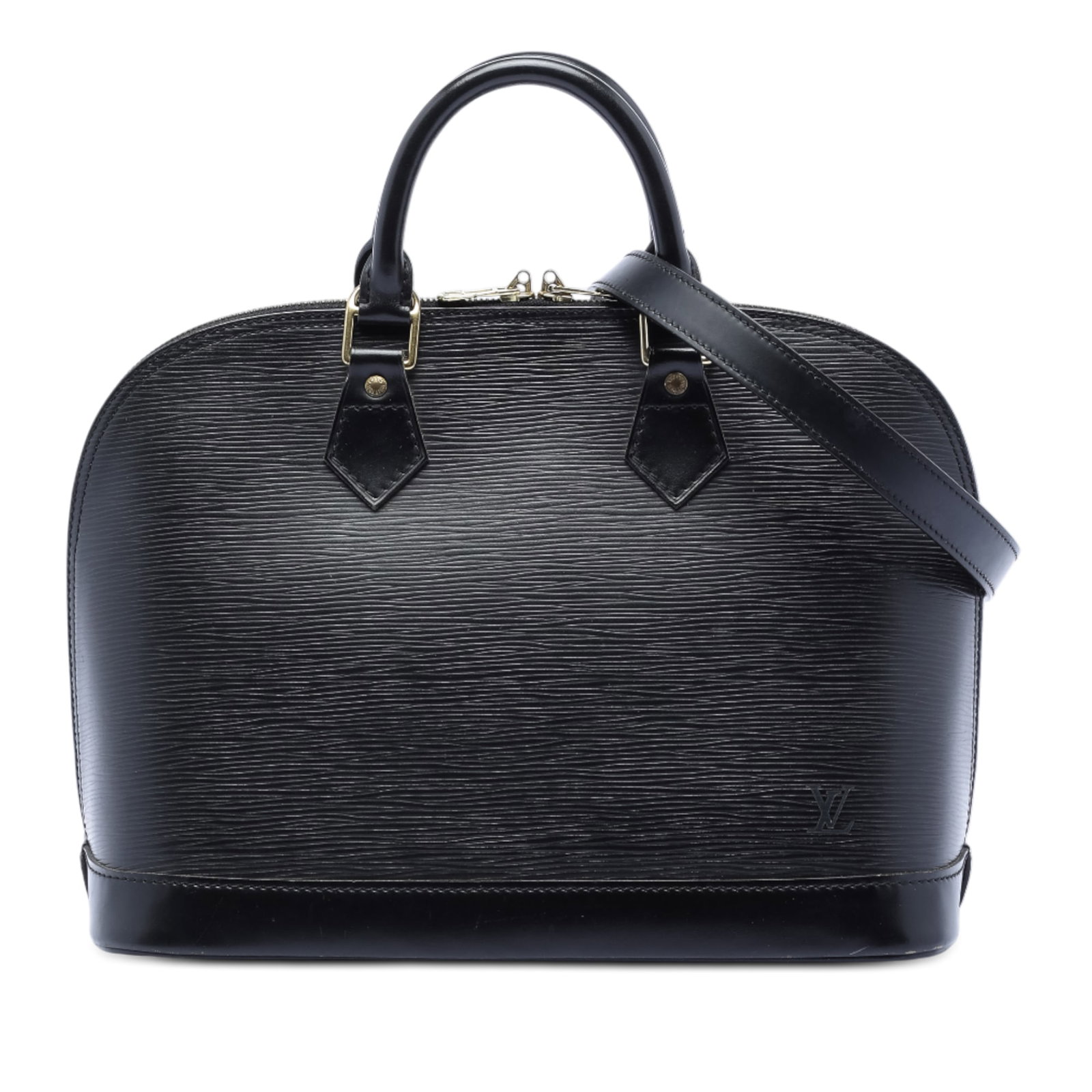 Louis Vuitton Alma PM Black Epi Leather Handbag with Shoulder Strap: Louis Vuitton Alma PM Black Epi Leather Handbag with Shoulder Strap This Louis Vuitton Epi Alma PM features a structured black epi leather body, rolled leather handles, and a detachable flat leather s