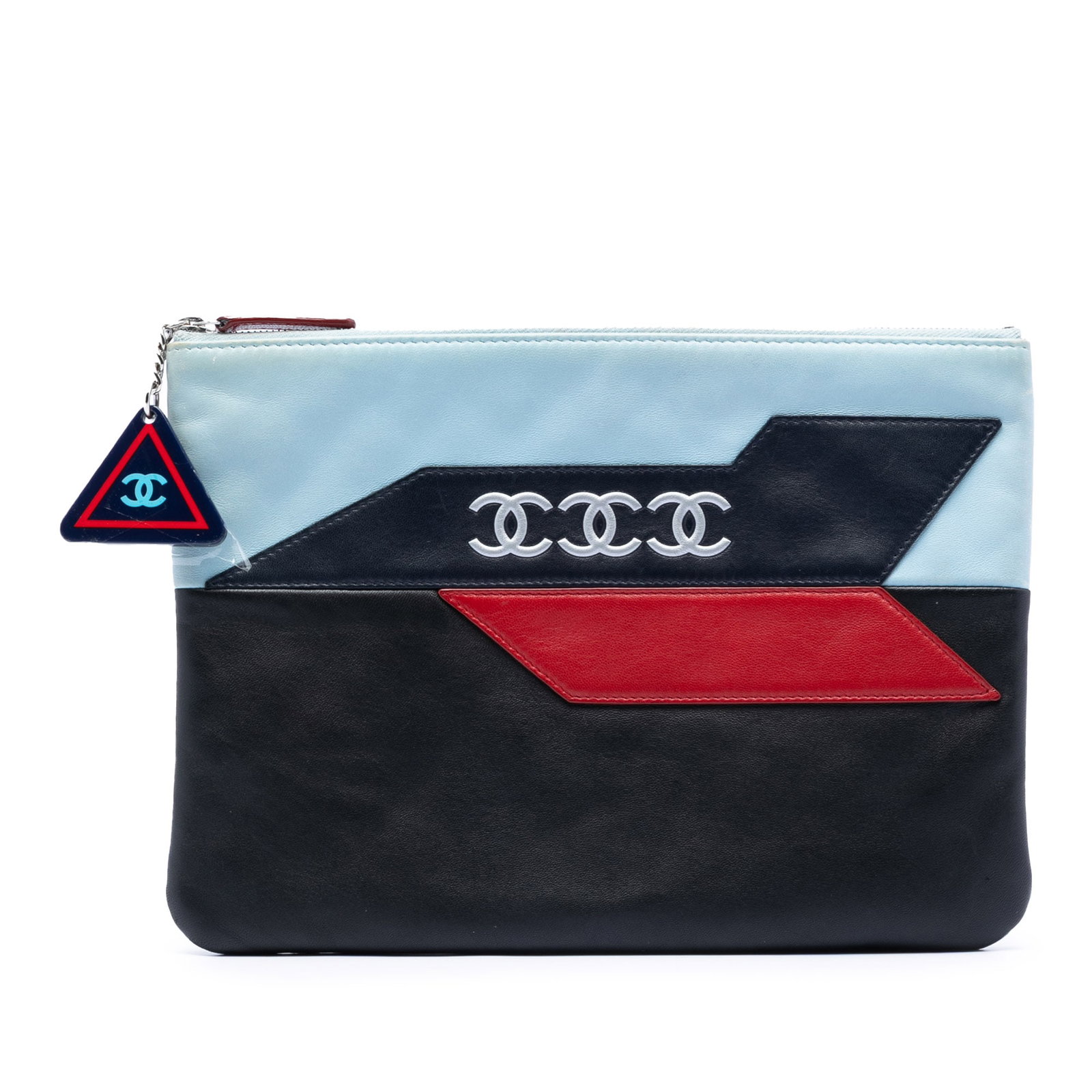 Black Lambskin Airlines O Case Pouch by Chanel Medium Size: Black Lambskin Airlines O Case Pouch by Chanel Medium Size This Chanel Medium Lambskin Airlines O Case Clutch features a black lambskin leather body with a top zip closure. The clutch shows signs of w
