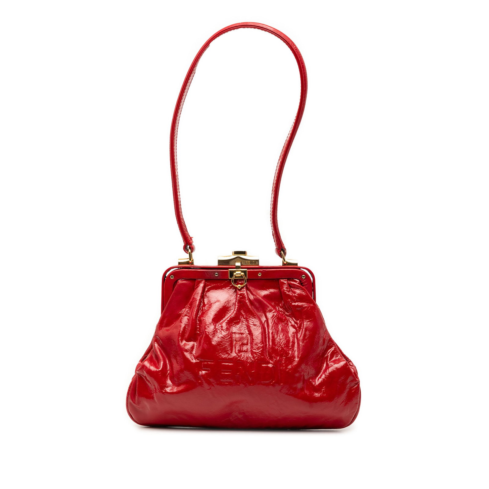 Fendi Red Patent Leather Frame Shoulder Bag with Top Clasp: Fendi Red Patent Leather Frame Shoulder Bag with Top Clasp This Fendi Patent Frame Shoulder Bag features a glossy patent leather body in red, a flat leather strap, a top clasp closure, and an interior