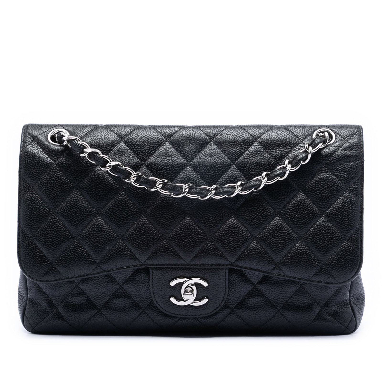 Black Quilted Leather Jumbo Double Flap Shoulder Bag by Chanel: Black Quilted Leather Jumbo Double Flap Shoulder Bag by Chanel This Chanel Jumbo Classic Caviar Double Flap shoulder bag features a quilted caviar leather body in black, leather-woven chain straps, do