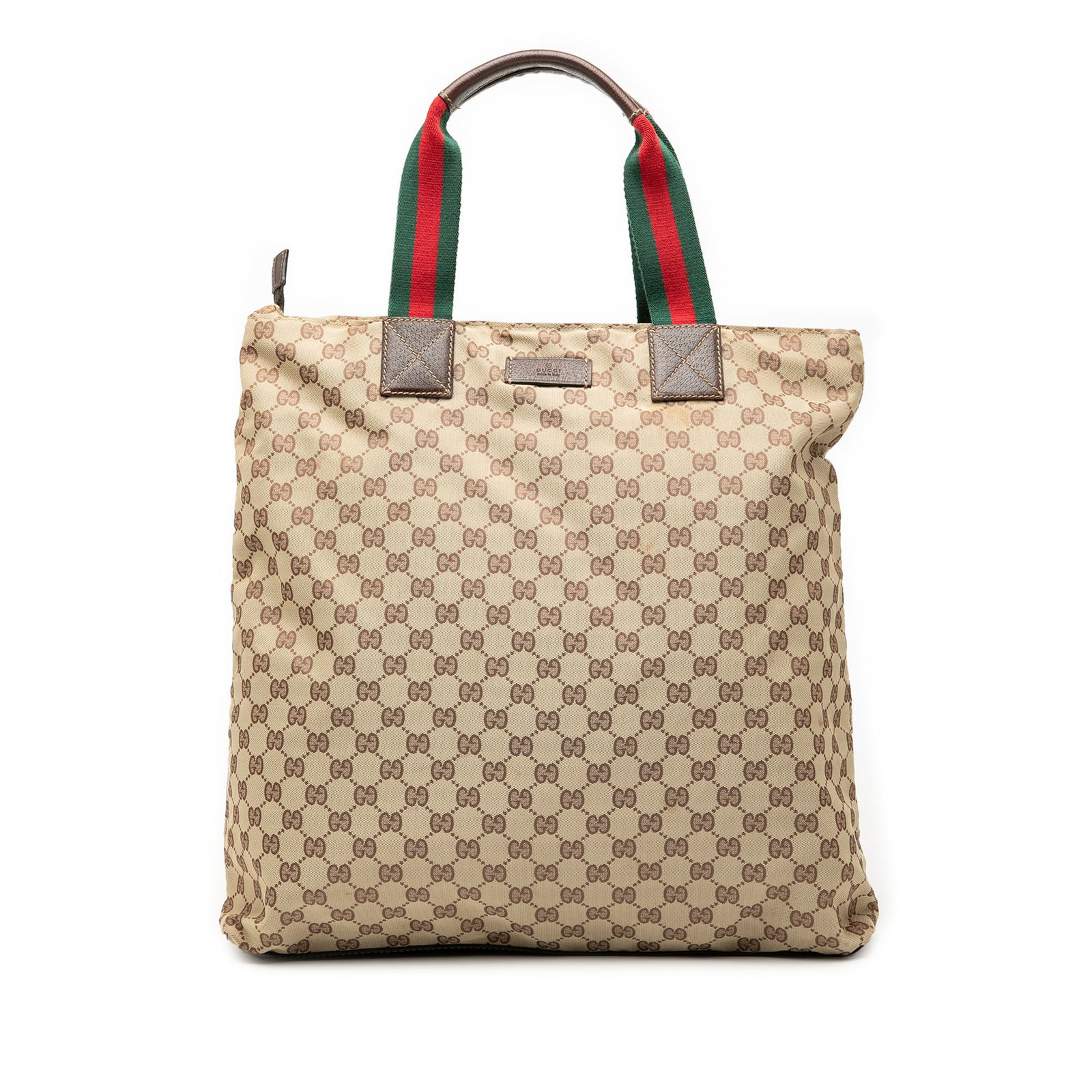 Gucci GG Canvas Web Beige Tote Bag with Leather Trim: Gucci GG Canvas Web Beige Tote Bag with Leather Trim This Gucci GG Canvas Web Vertical Tote features a beige canvas body accented with leather trim and flat leather handles with signature web detailin