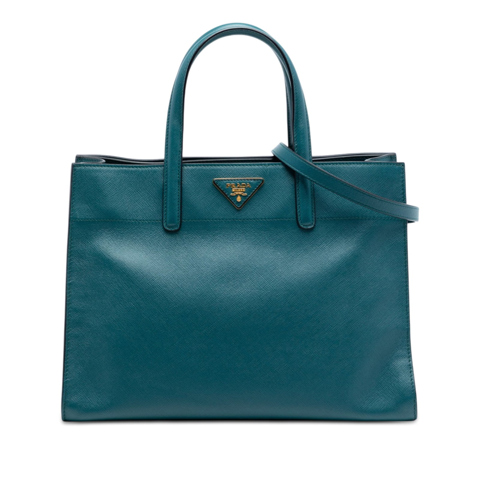 Prada Saffiano Soft Leather Tote with Triple Compartments Blue: Prada Saffiano Soft Leather Tote with Triple Compartments Blue The Prada Saffiano Soft Triple Pocket Tote is crafted from blue Saffiano leather and features flat leather handles and a detachable flat 