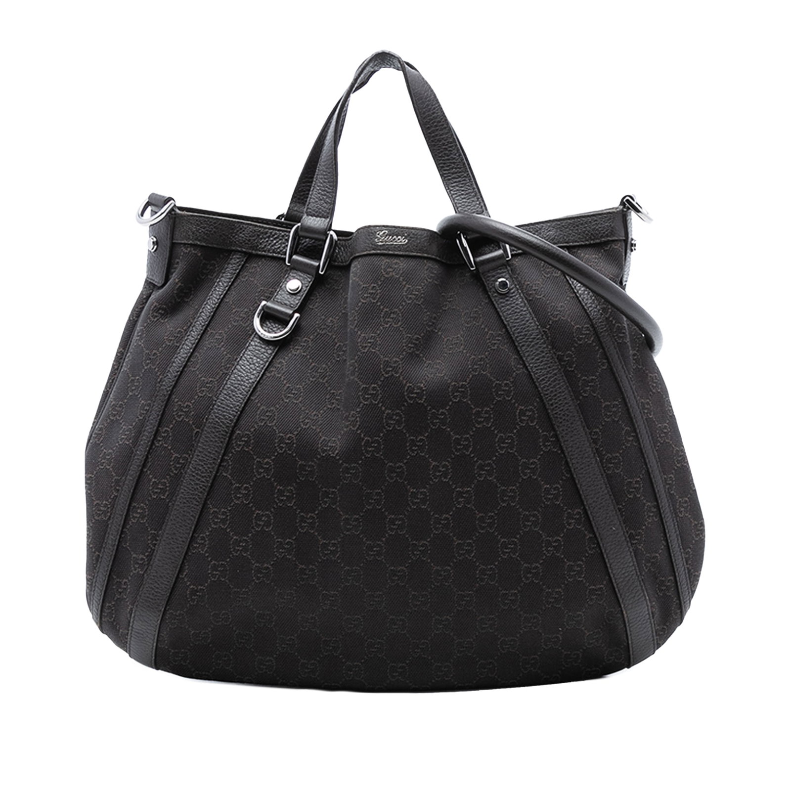 Gucci Abbey D Ring Satchel in GG Denim with Leather Trim: Gucci Abbey D Ring Satchel in GG Denim with Leather Trim The Gucci GG Denim Abbey D Ring Satchel features a denim exterior with leather trim, flat leather handles, and a detachable rolled leather stra