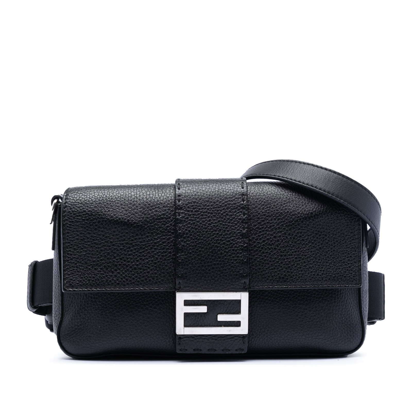 Fendi Selleria Baguette Black Leather Convertible Satchel with Detachable Strap: Fendi Selleria Baguette Black Leather Convertible Satchel with Detachable Strap This Fendi Leather Selleria Convertible Baguette Satchel features a black leather body with a detachable flat leather ha