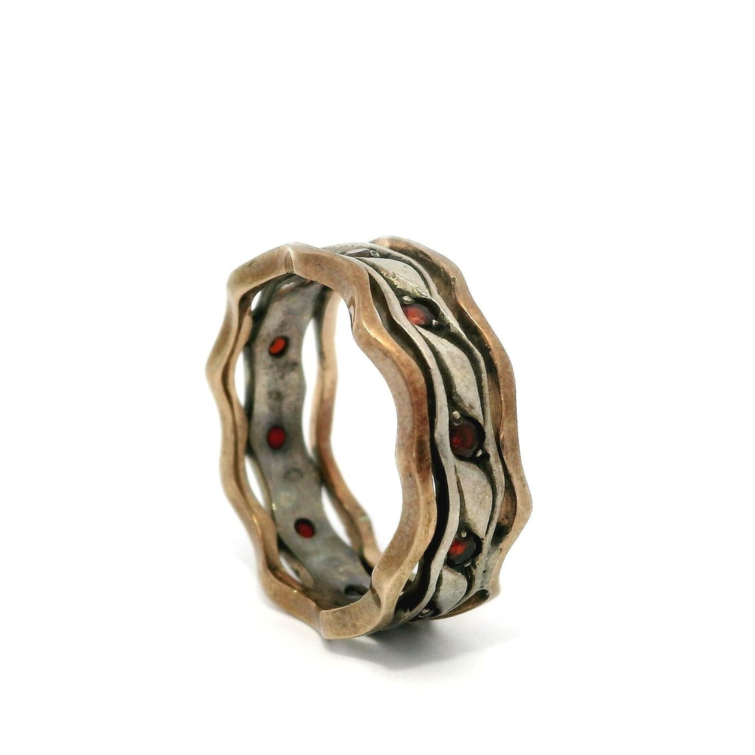 Handmade Sterling Silver Copper Garnet Wavy Stackable Band Ring - 3