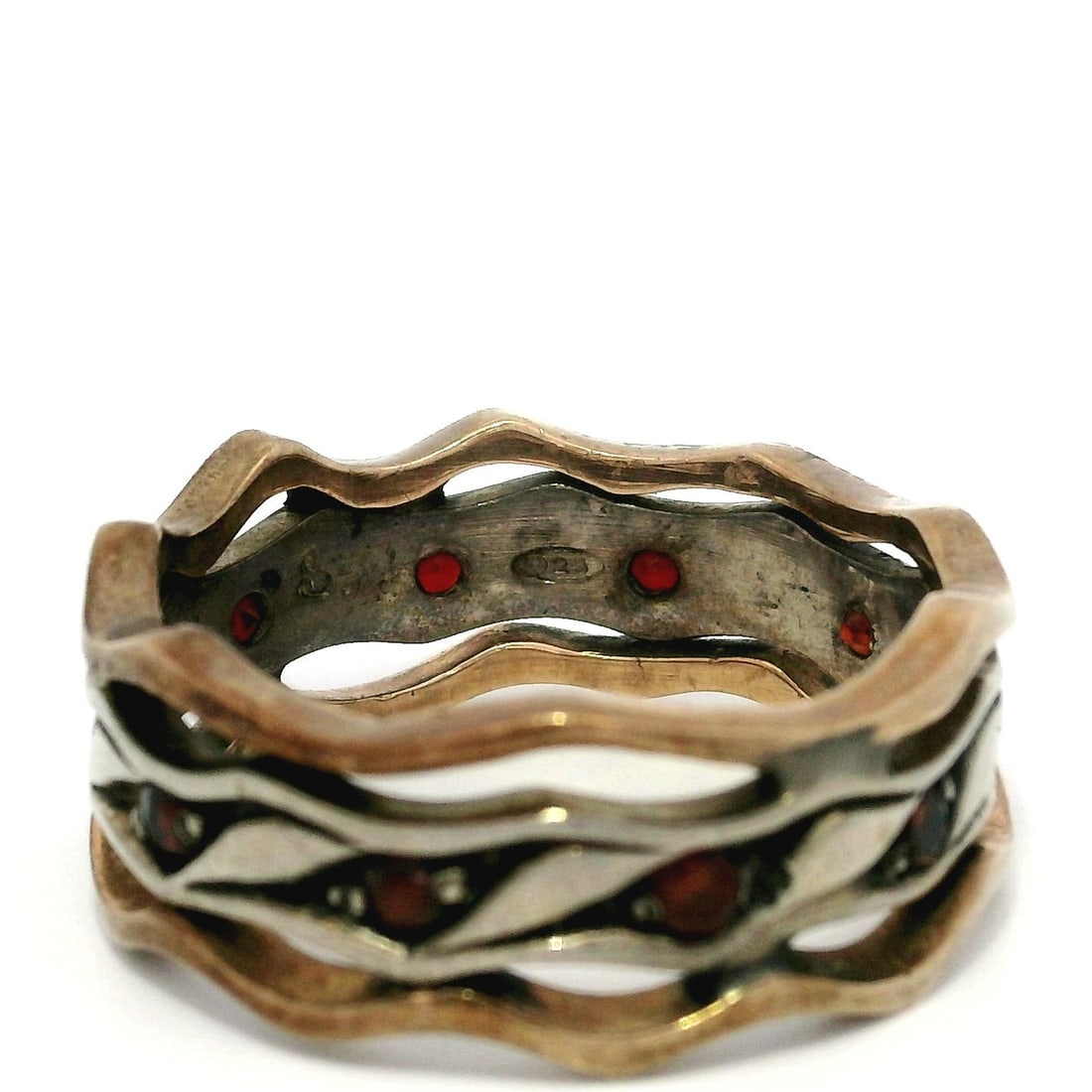 Handmade Sterling Silver Copper Garnet Wavy Stackable Band Ring - 5