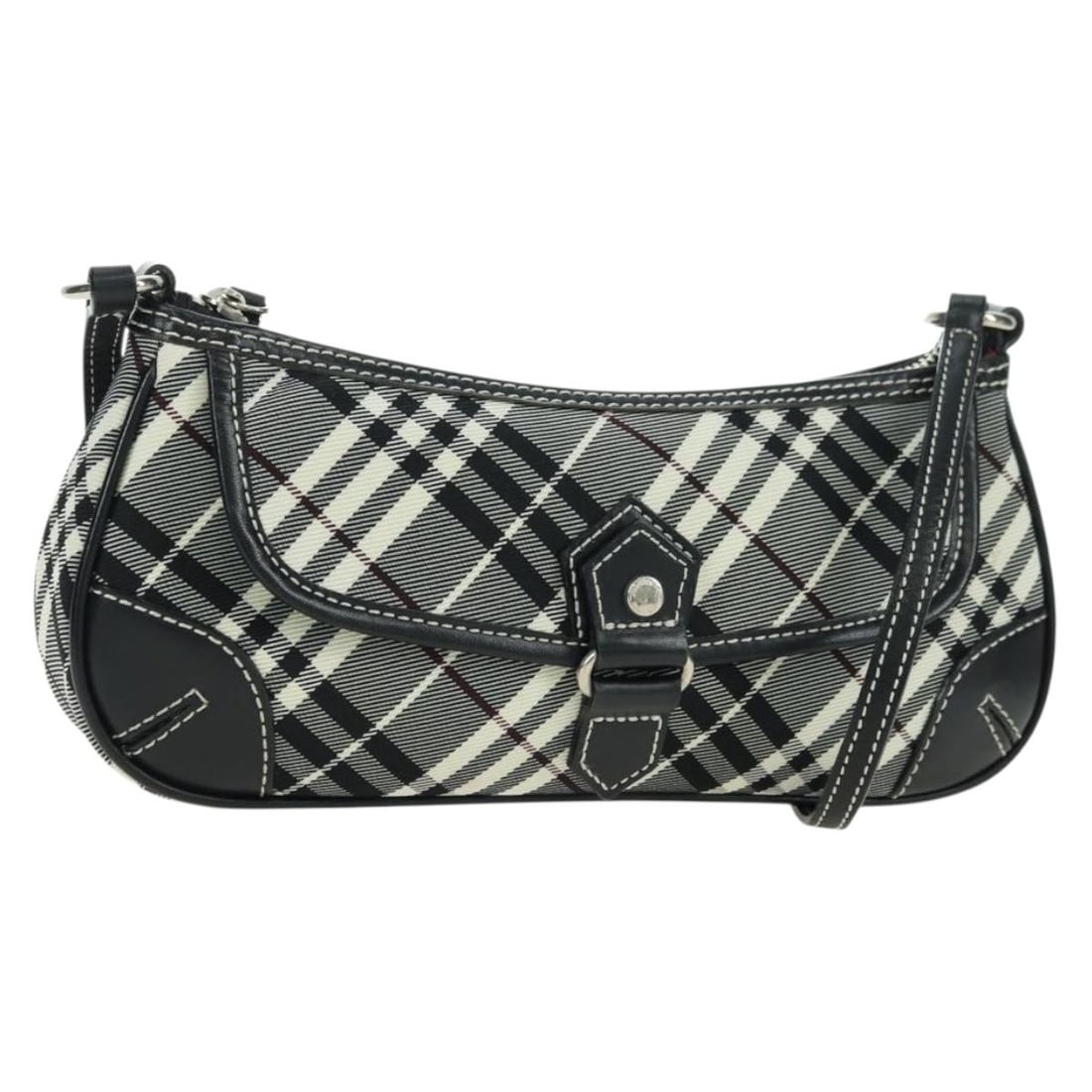 Burberry Blue Label nylon shoulder bag black silver Japan: Burberry Blue Label nylon shoulder bag black silver Japan This BURBERRY Nova Check Blue Label shoulder bag features a sleek black and silver nylon exterior. Designed for women, the bag offers a compac
