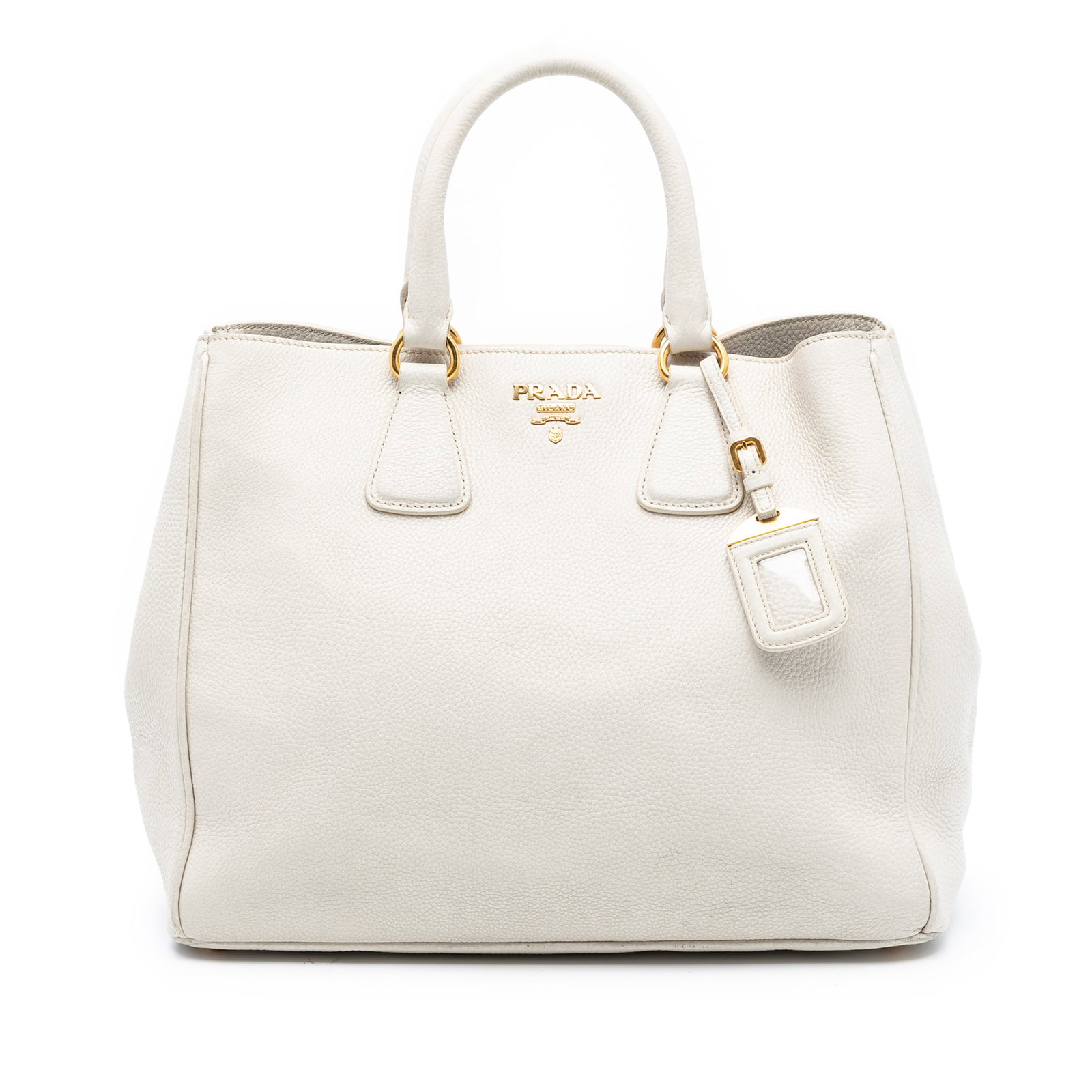 Prada Vitello Daino Leather Convertible Satchel with Detachable Strap: Prada Vitello Daino Leather Convertible Satchel with Detachable Strap This Prada Vitello Daino Open Convertible Tote showcases a white leather body with rolled leather handles and a detachable flat st