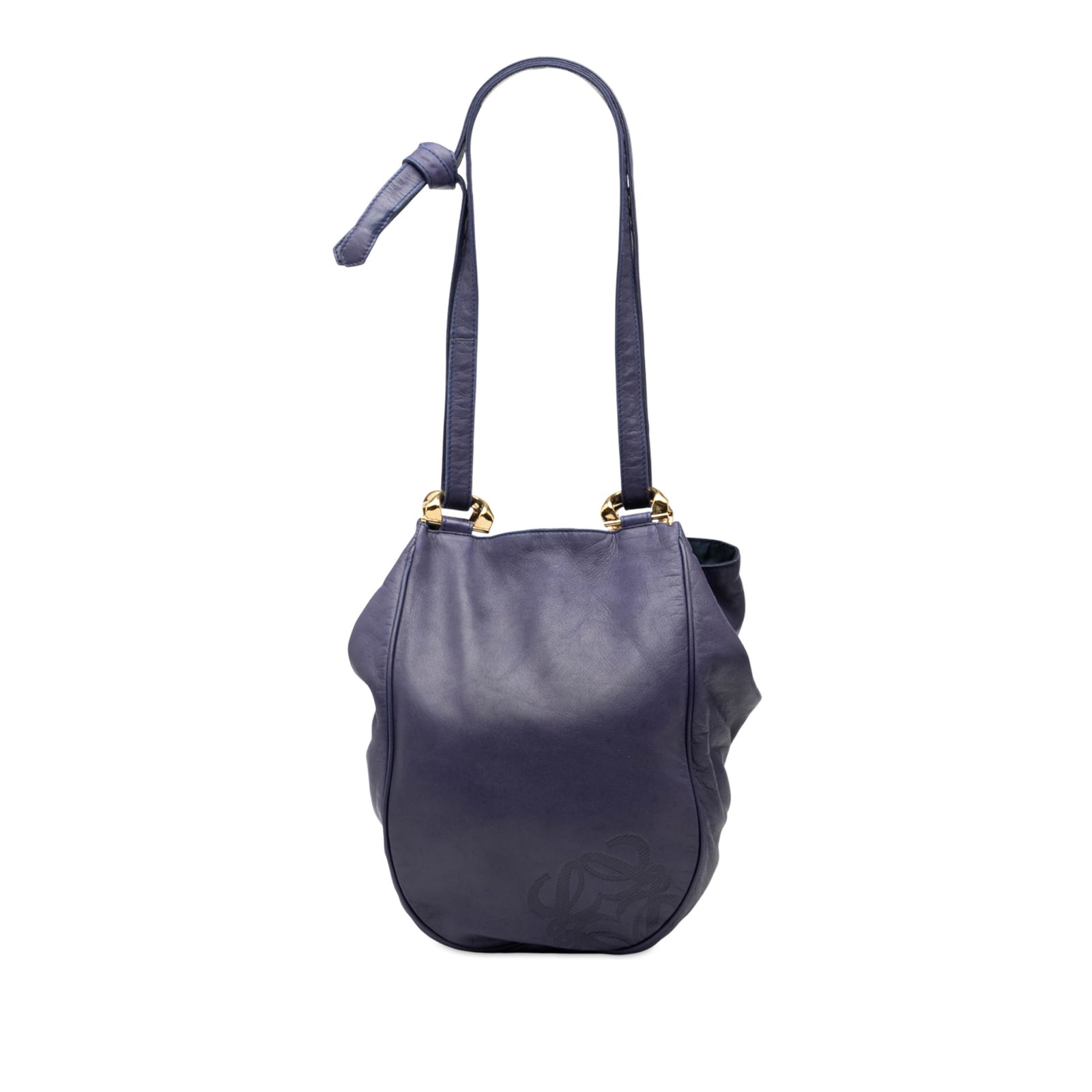 Loewe Anagram Purple Leather Shoulder Bag with Open Top: Loewe Anagram Purple Leather Shoulder Bag with Open Top This LOEWE Leather Anagram Shoulder Bag features a purple leather body with a flat leather shoulder strap. The bag has an open top and includes 