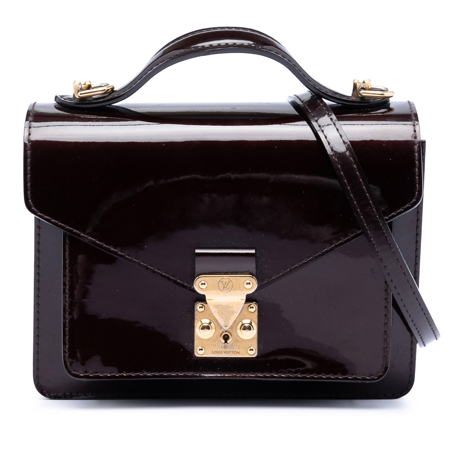 Louis Vuitton Monceau BB Purple Vernis Leather Handbag with Detachable Strap: Louis Vuitton Monceau BB Purple Vernis Leather Handbag with Detachable Strap This Louis Vuitton Vernis Monceau BB bag features a vernis leather body in purple, complemented by a flat leather top handl