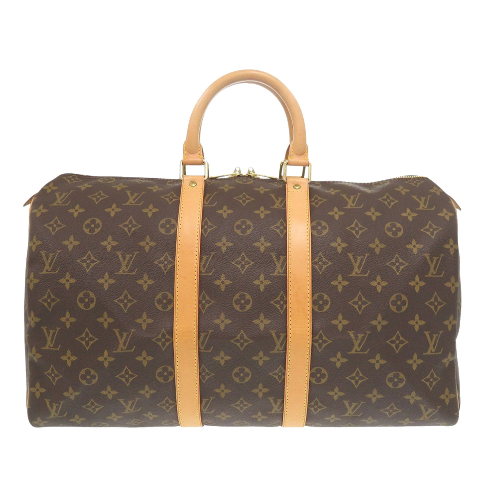 Louis Vuitton Keepall 45 Monogram Canvas Travel Bag with Leather Trim: Louis Vuitton Keepall 45 Monogram Canvas Travel Bag with Leather Trim The Louis Vuitton Monogram Keepall 45 is crafted from the iconic monogram canvas with vachetta leather trim and features rolled le