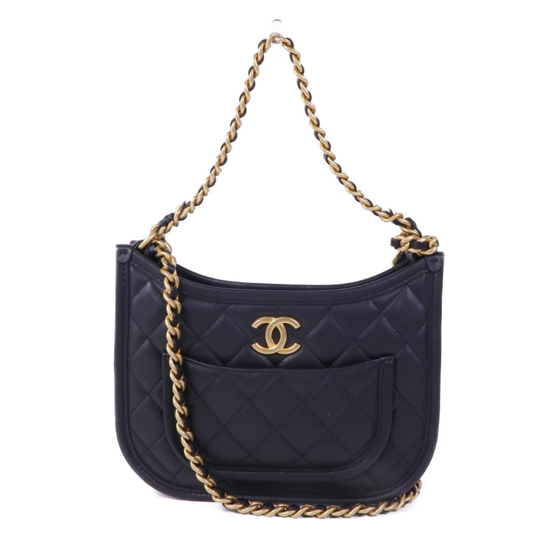 Chanel Black Lambskin AS4666 Two Way Shoulder Bag with Gold Hardware: Chanel Black Lambskin AS4666 Two Way Shoulder Bag with Gold Hardware This CHANEL 2-way shoulder bag features the iconic CC logo and gold-tone hardware. Crafted from luxurious black lambskin leather, i